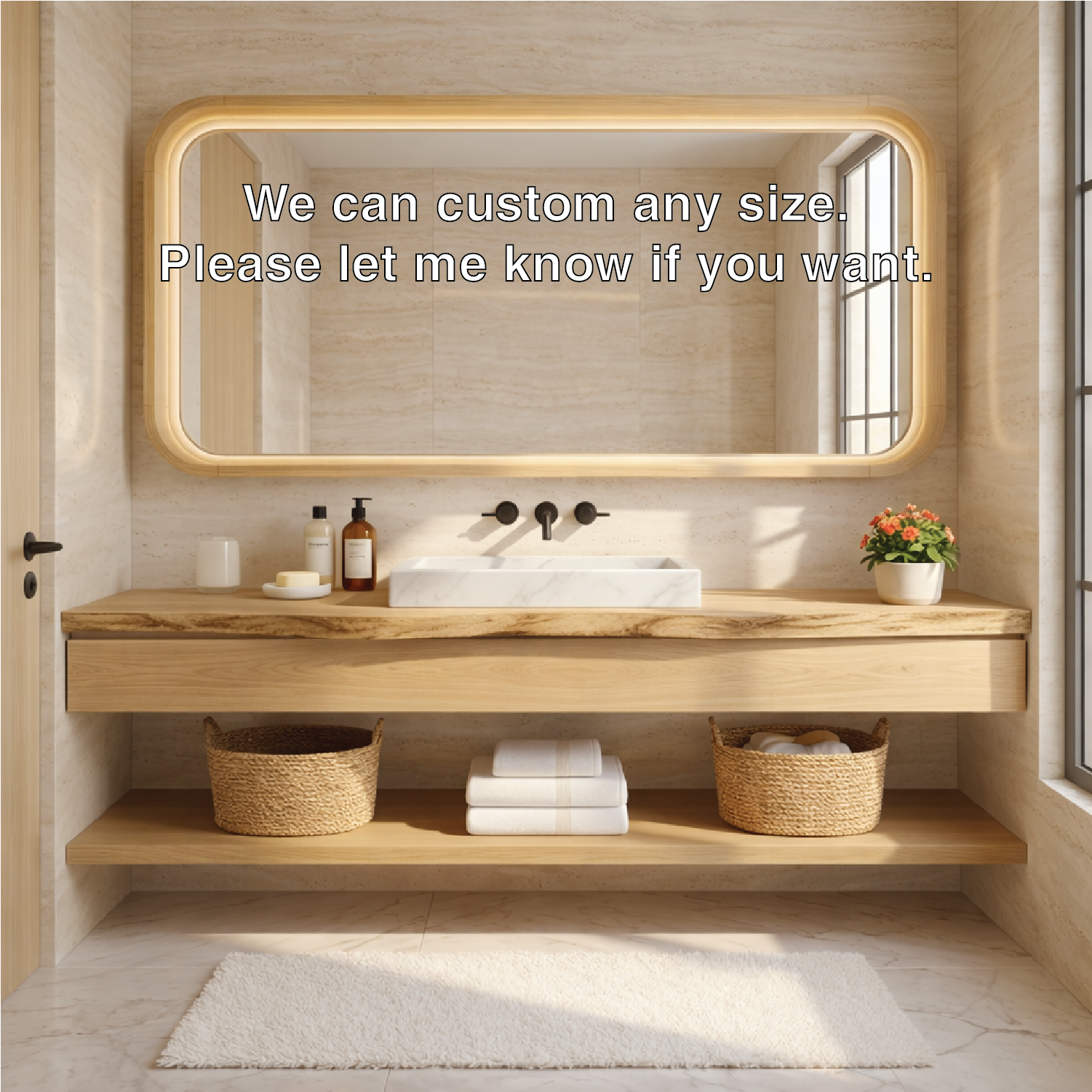 Natural Wood Floating Vanity with Round Mirror and Black Faucets