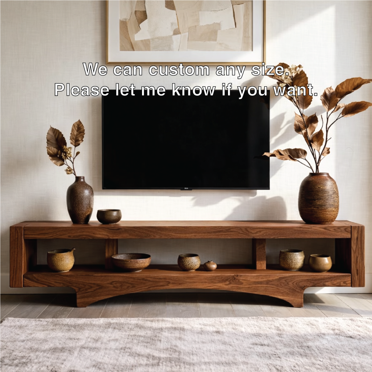 Solid Wood TV Stand with Open Shelf, Minimalist Low Profile Media Console