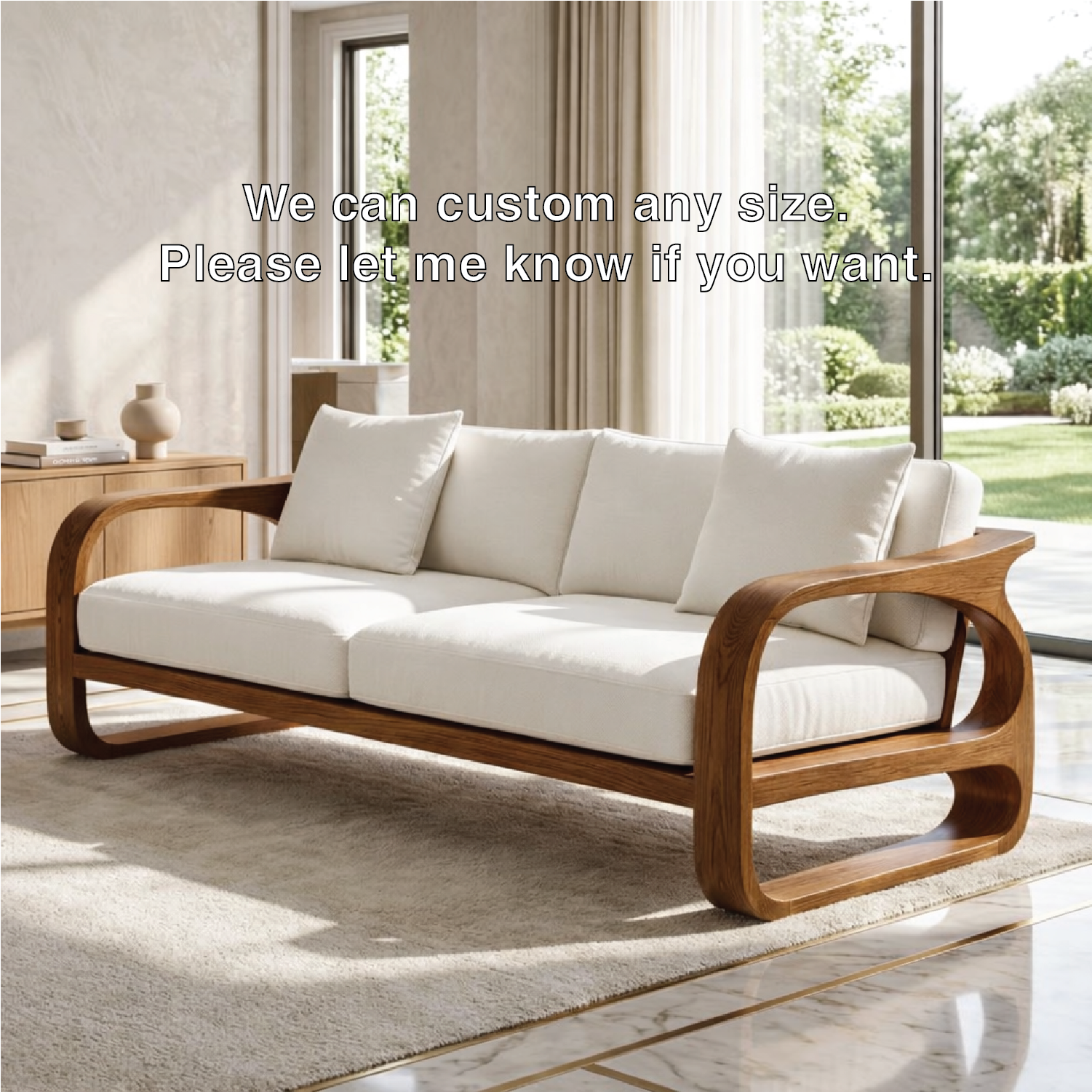 Modern Sculptural Solid Wood Sofa with White Fabric Cushions Luxury Scandi Couch