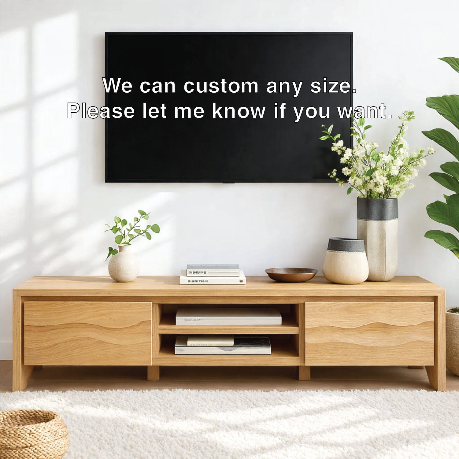 Modern Wave Front Wood TV Stand Long Media Console With Storage and Open Shelf