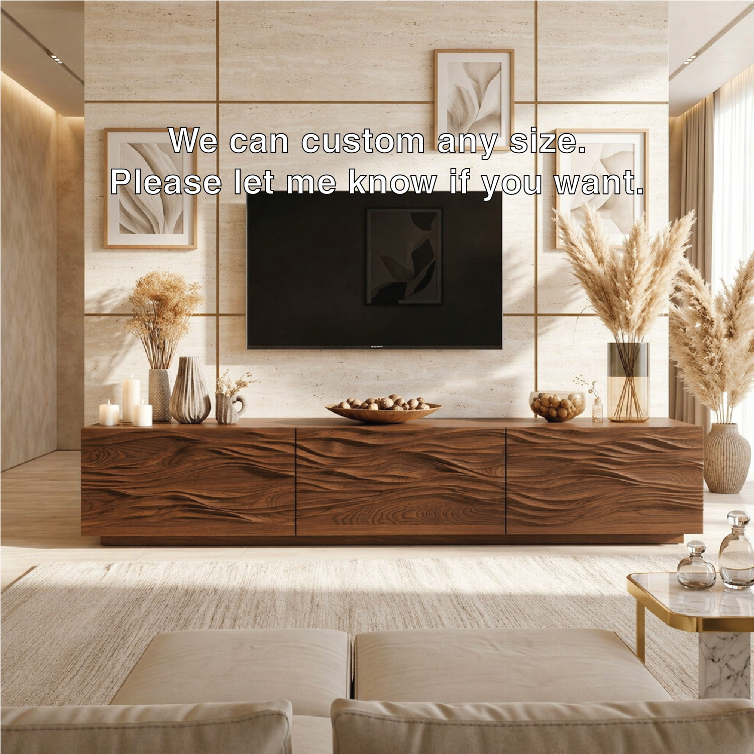 Sculptural Wave Carved TV Console, Modern Entertainment Cabinet for Refined Interiors