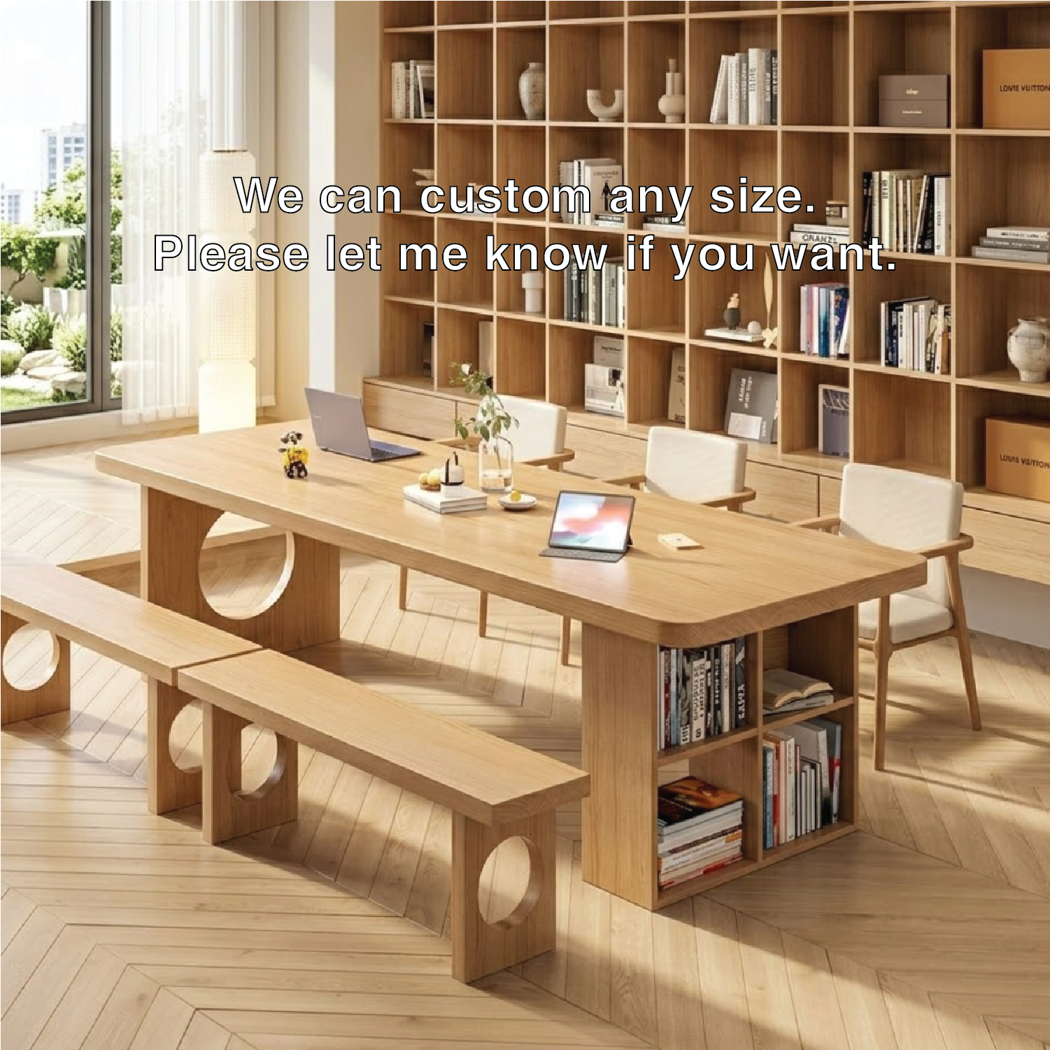 Stylish Work Desk with Open Shelves and Round Accent for Home or Office