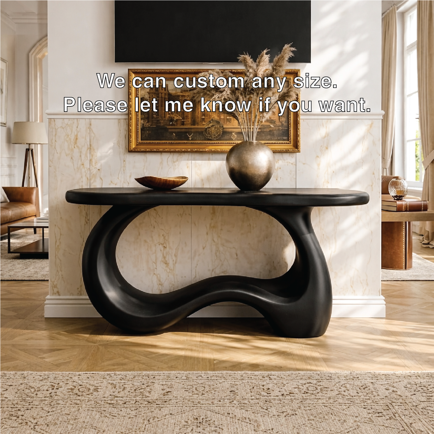 Solid Wood Console Table with Sculpted Curved Base, Modern Organic Design