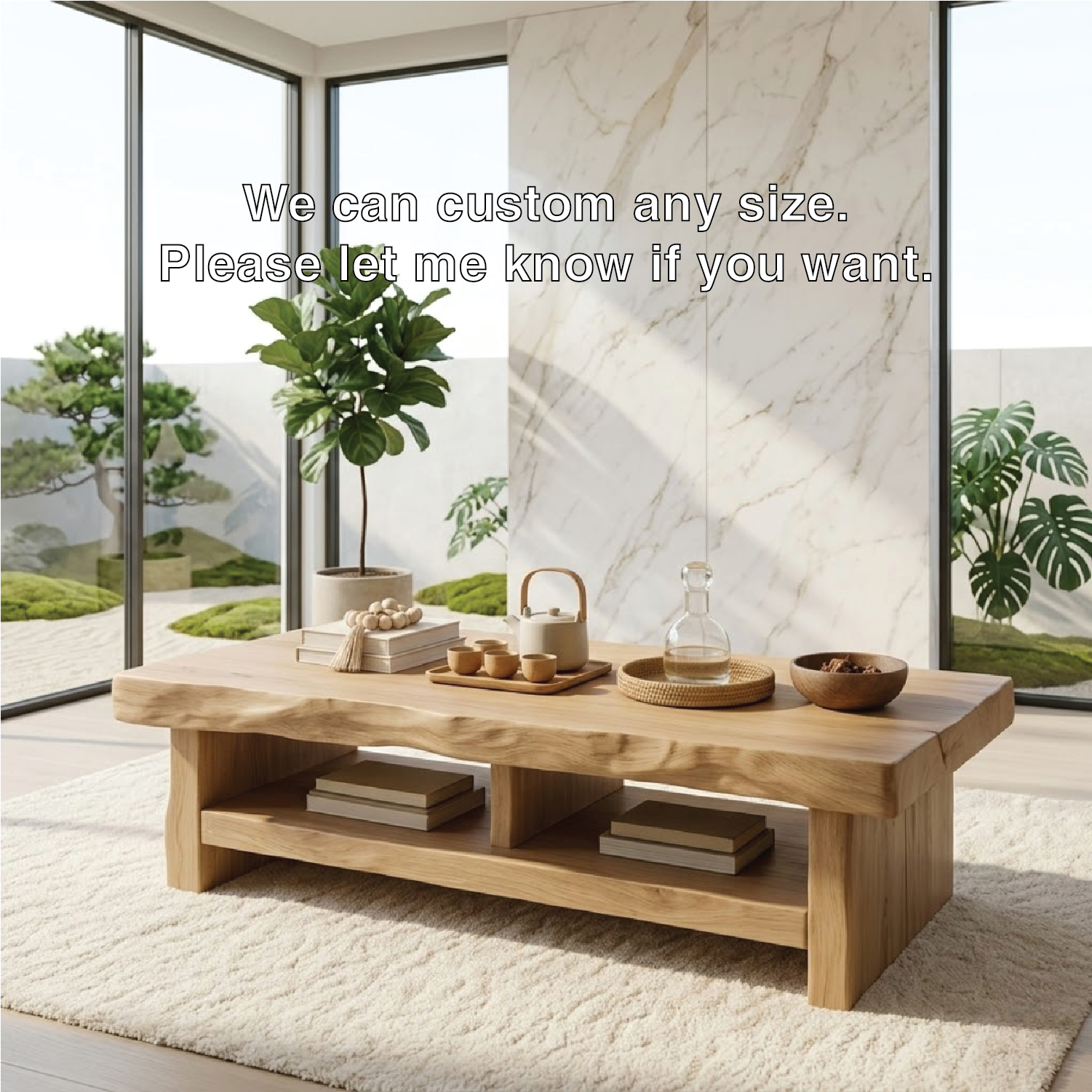 Rustic Solid Wood Coffee Table with Live Edge Top and Open Storage Shelf