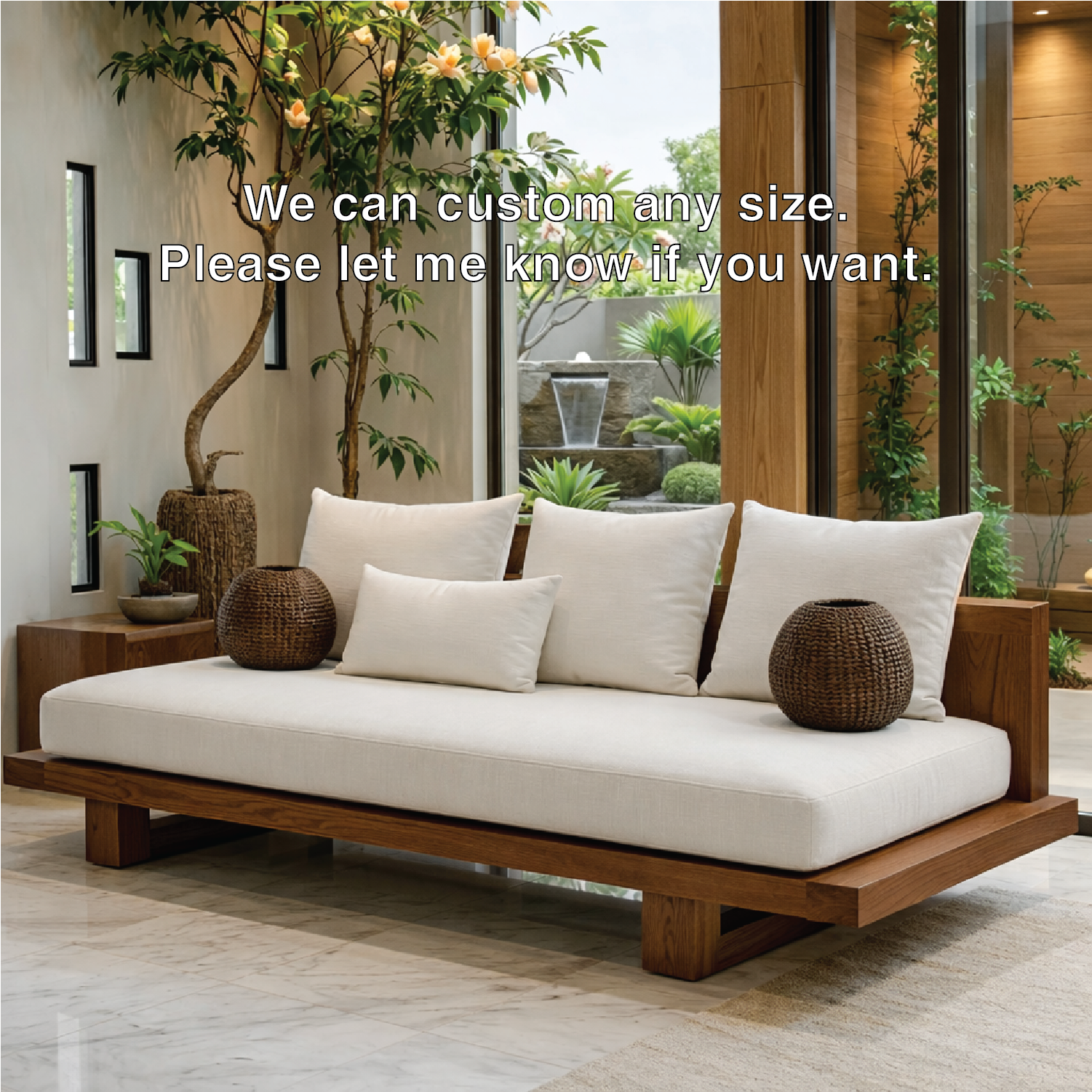 Modern Minimalist Solid Wood Daybed Sofa with White Linen Cushions Zen Style Couch