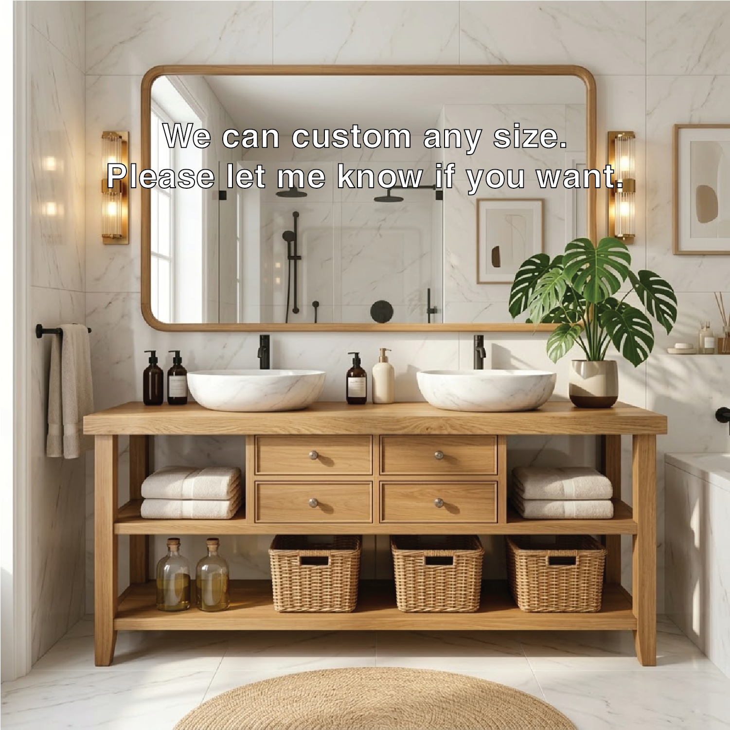 Modern Wooden Bathroom Vanity with Dual Marble Sinks and Ample Storage