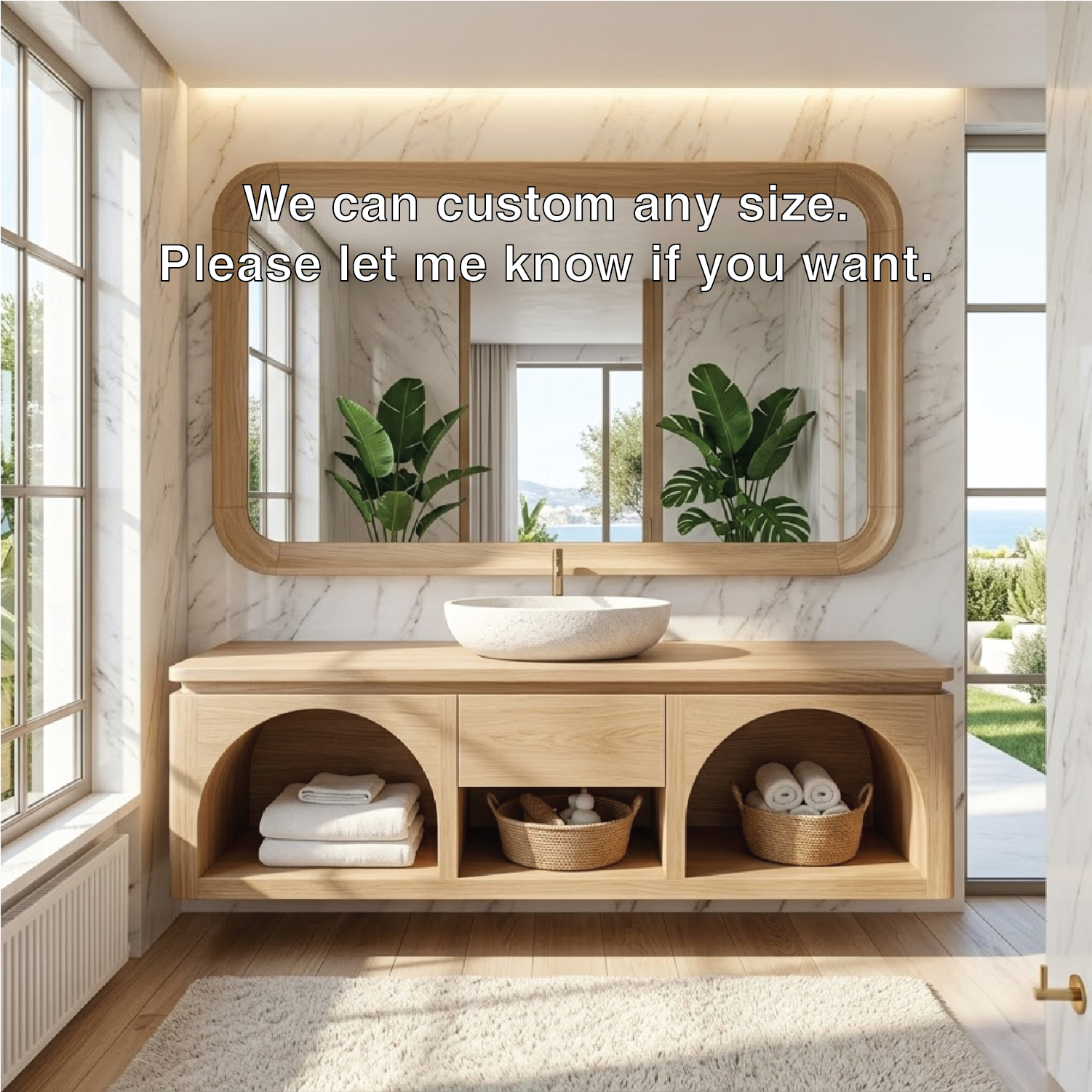 Modern Solid Wood Floating Vanity with Arched Shelves and Natural Finish