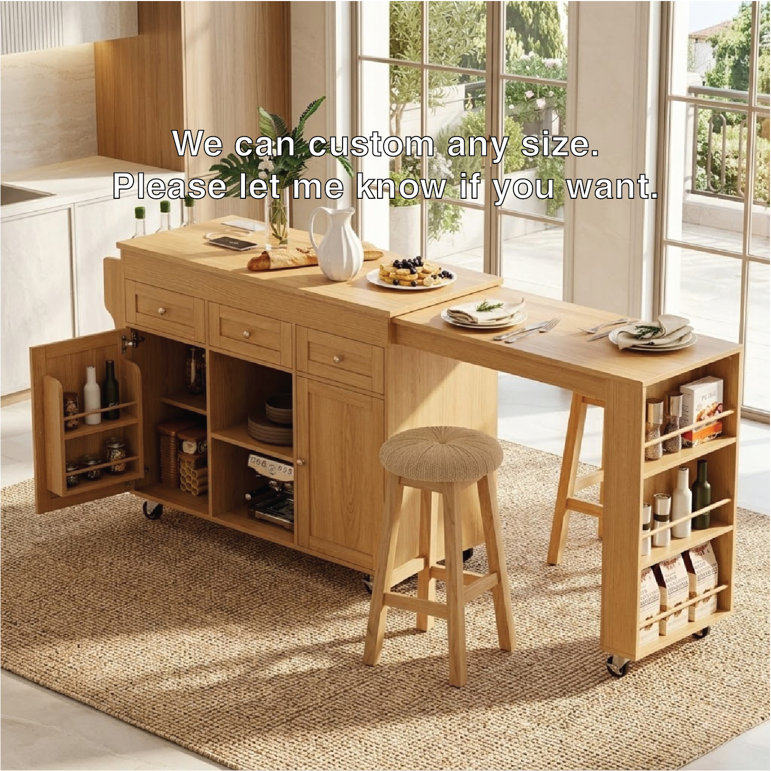 Rolling Kitchen Island with Extendable Dining Table, Storage Cabinet, Modern Prep Cart for Home