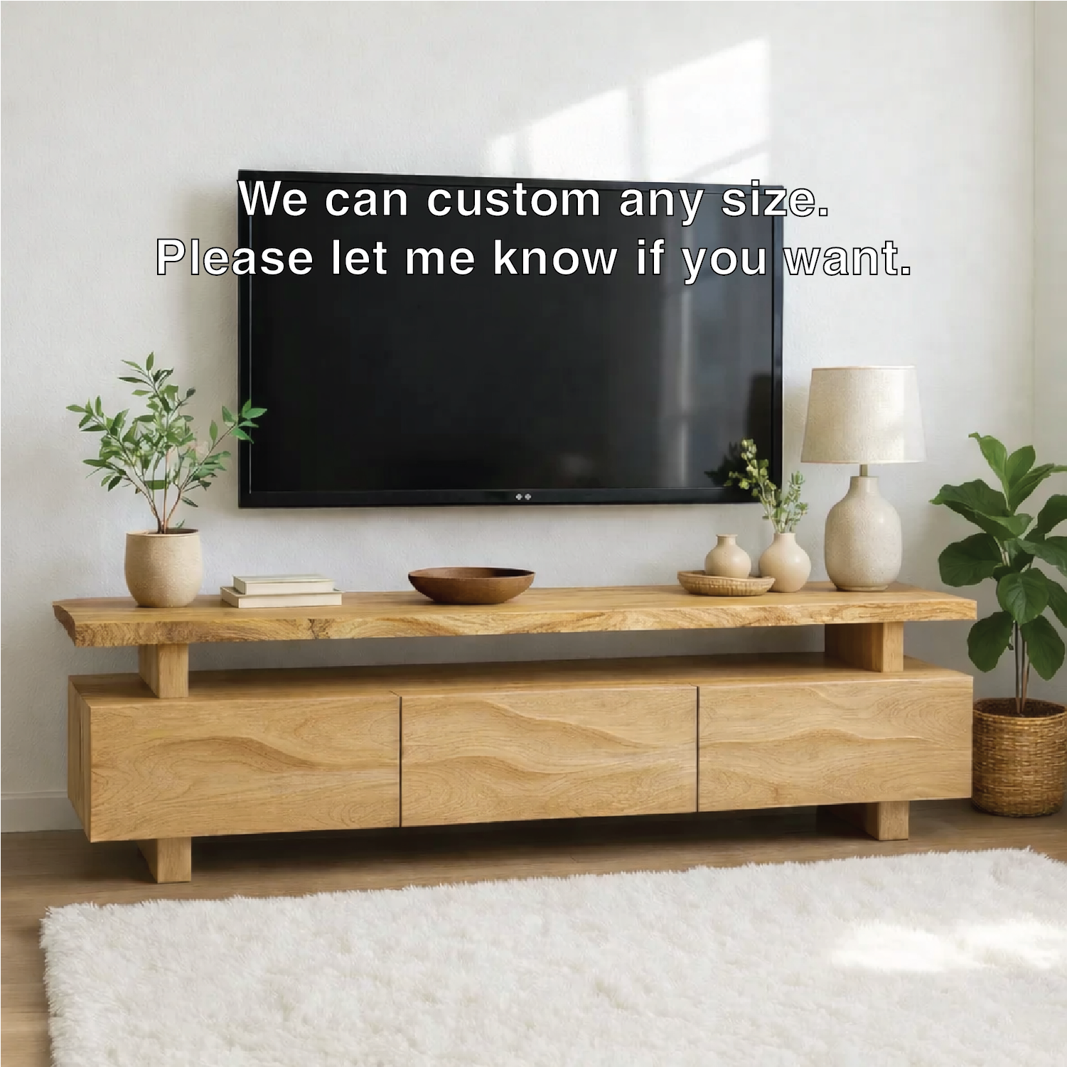 Modern Wave Front Wood TV Stand Long Media Console Low Profile Entertainment Center