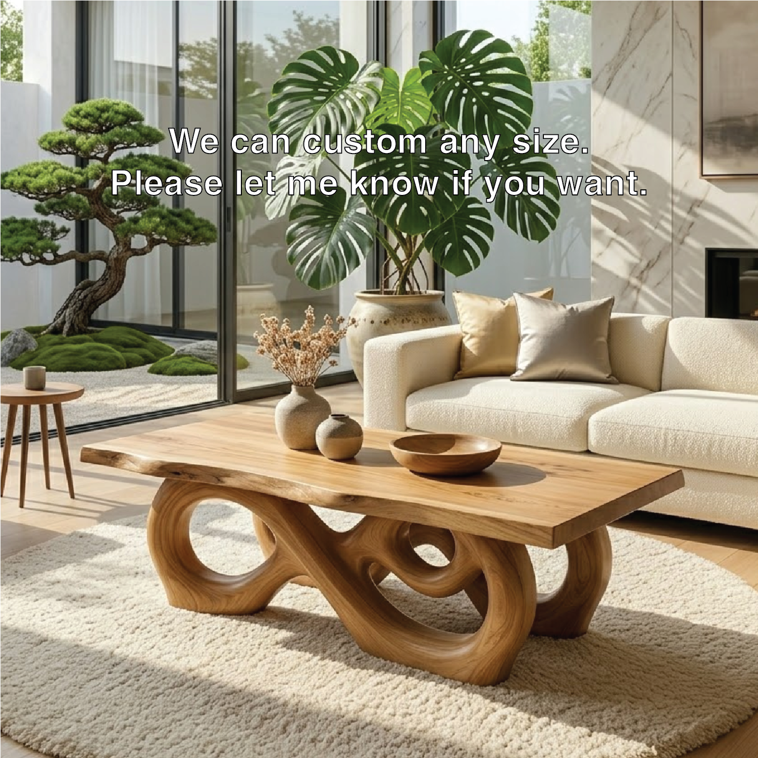 Sculptural Solid Wood Coffee Table with Artistic Carved Base, Modern Living Room Table