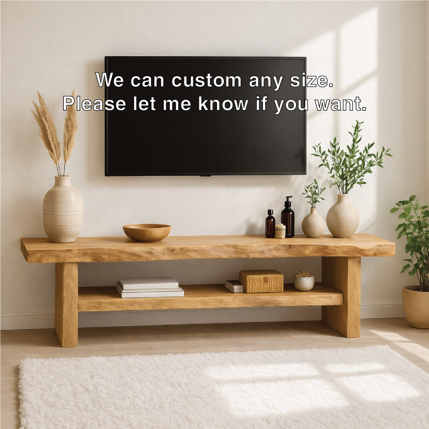 Rustic Solid Wood TV Stand Long Live Edge Media Console Natural Entertainment Unit