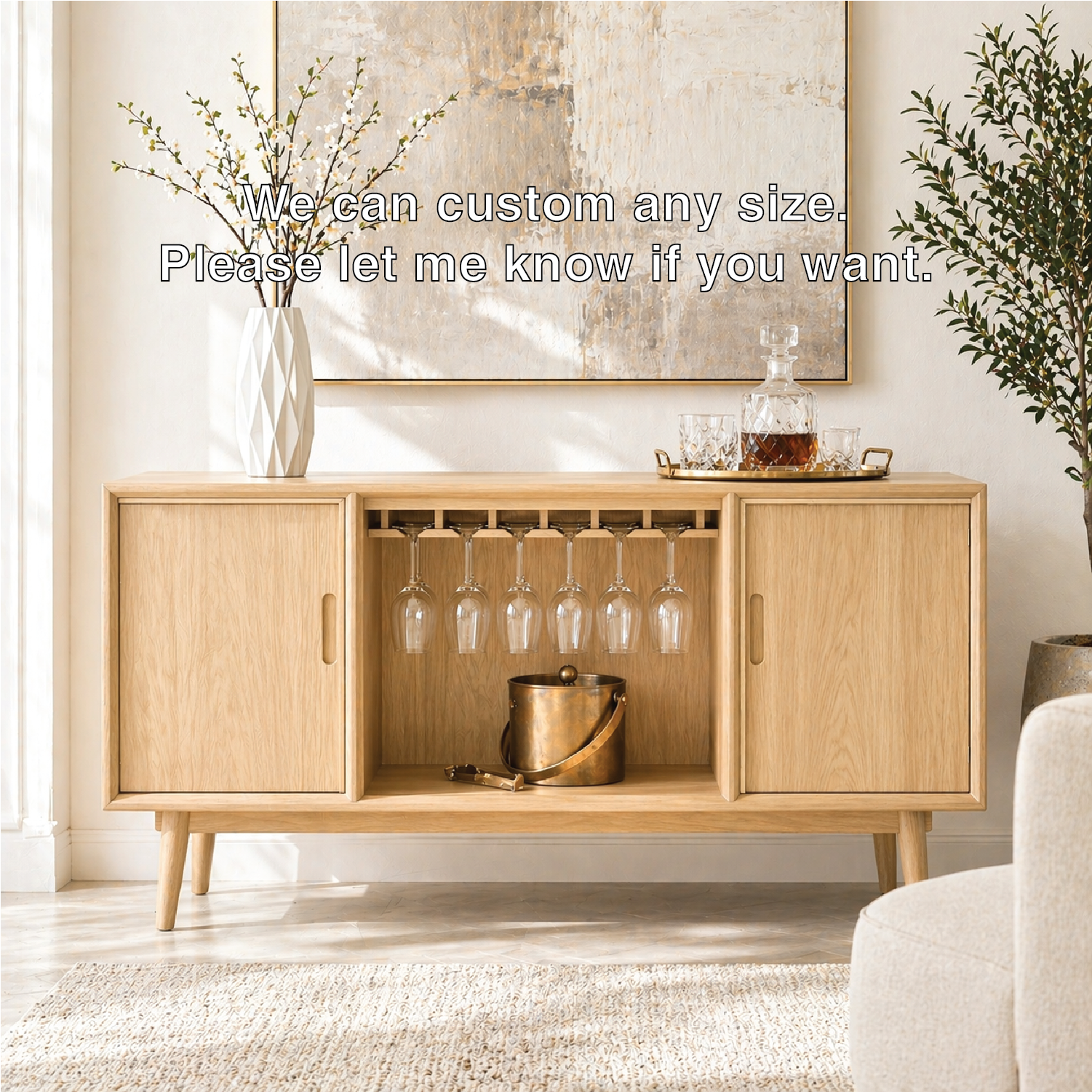 Mid Century Modern Bar Cabinet Liquor Storage Console With Glass Rack Doors