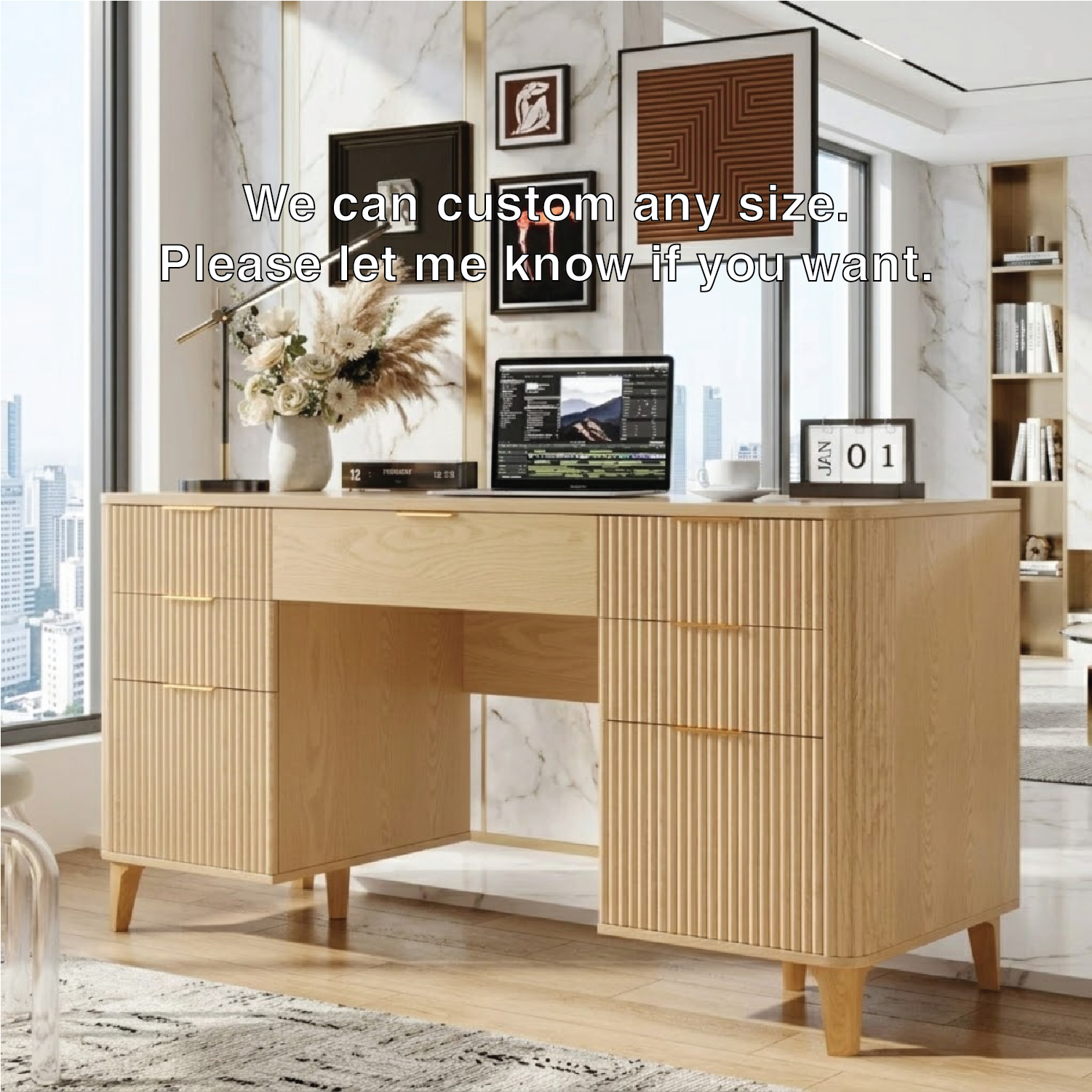 Modern Fluted Executive Desk with Drawers, Large Minimalist Home Office Writing Table