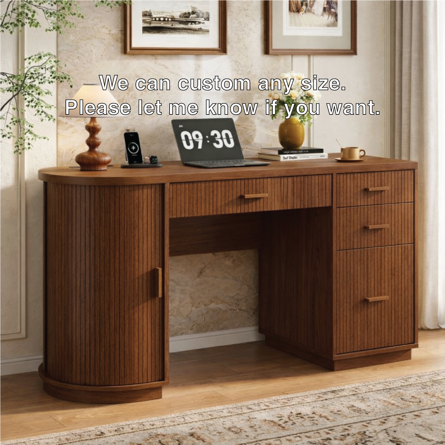 Modern Fluted Executive Desk with Drawers, Curved Cabinet Home Office Writing Table