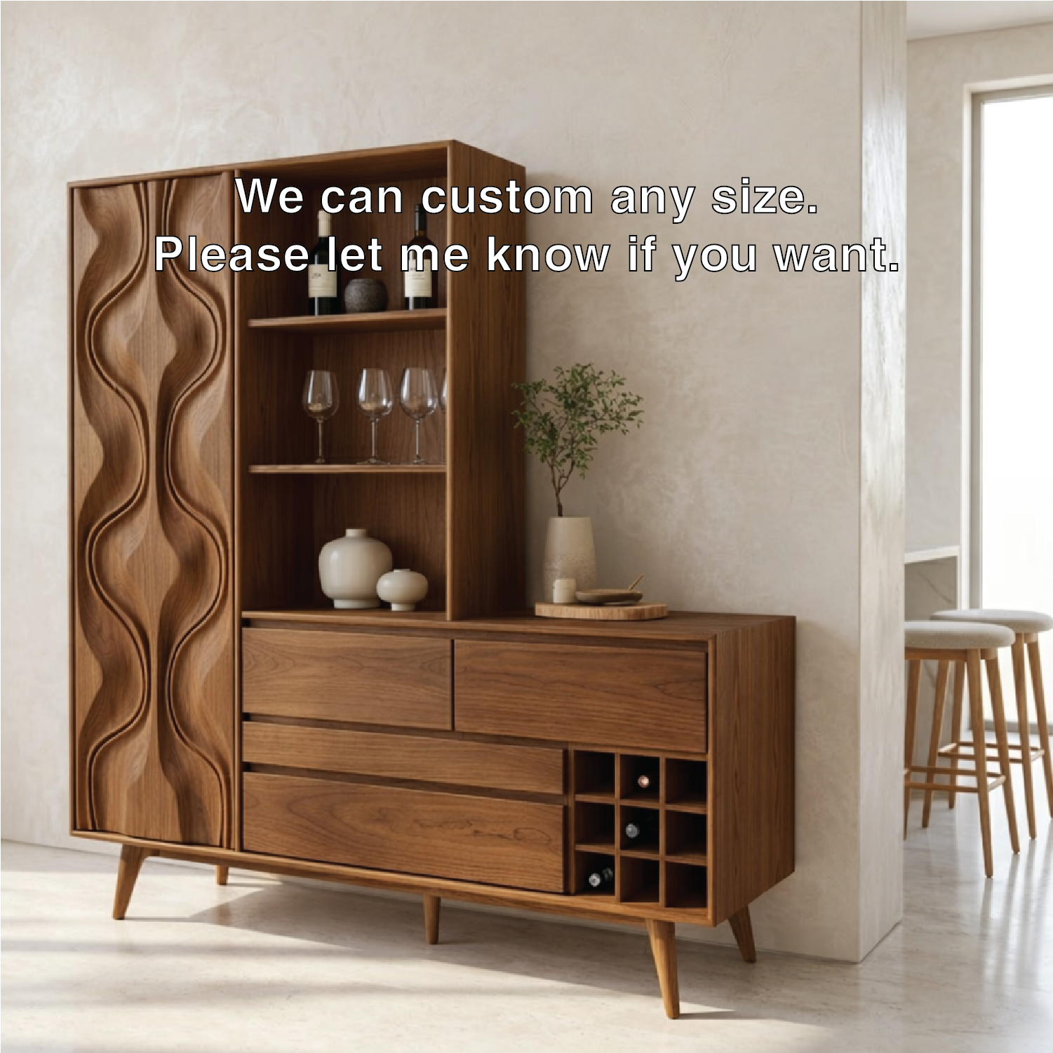 Modern Wine Cabinet Sideboard with Sculpted Door, Open Shelves and Bottle Storage