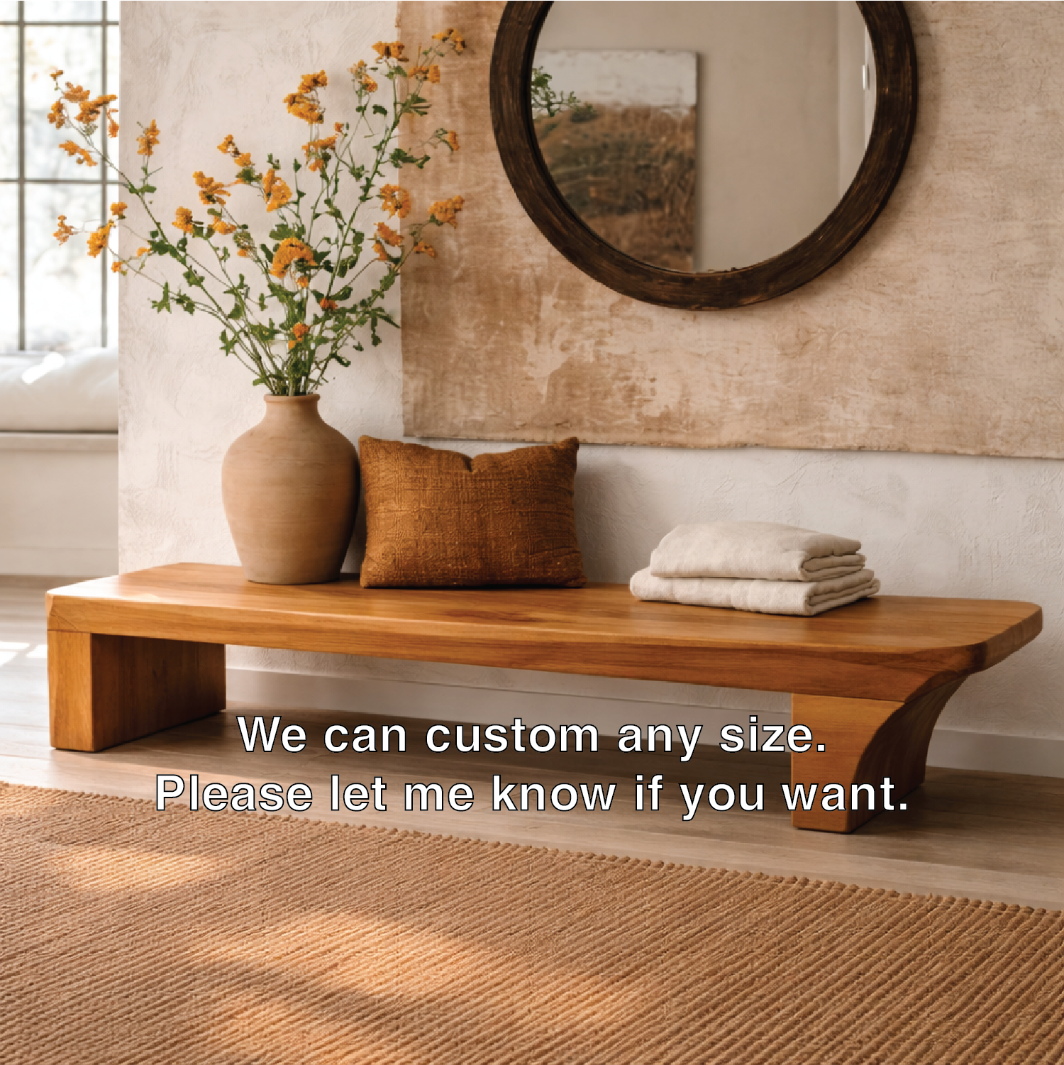 Solid Wood Low Profile Bench, Minimalist Modern Entryway Seating