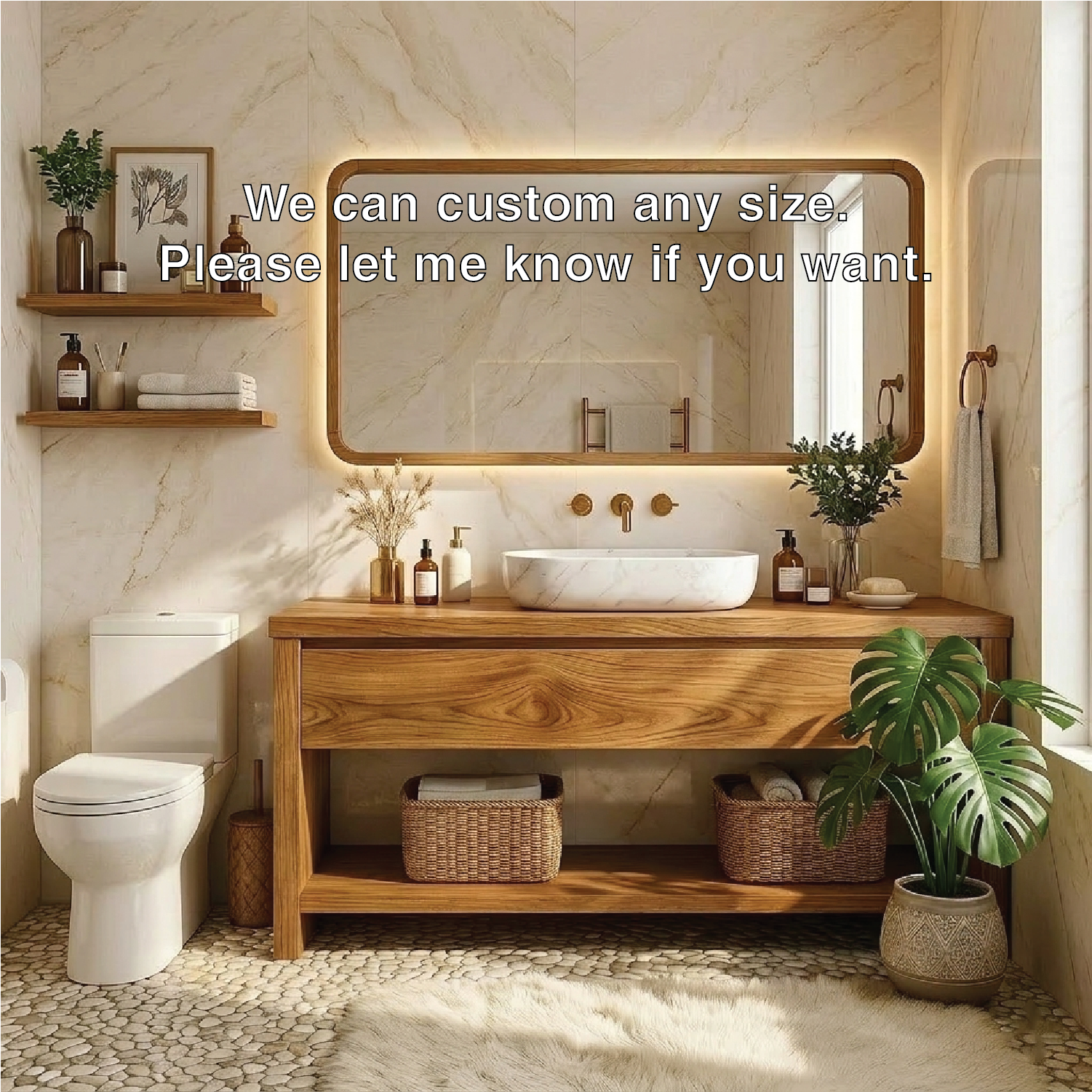 Elegant Oak Bathroom Vanity with Marble Sink & Open Shelves, Modern Design