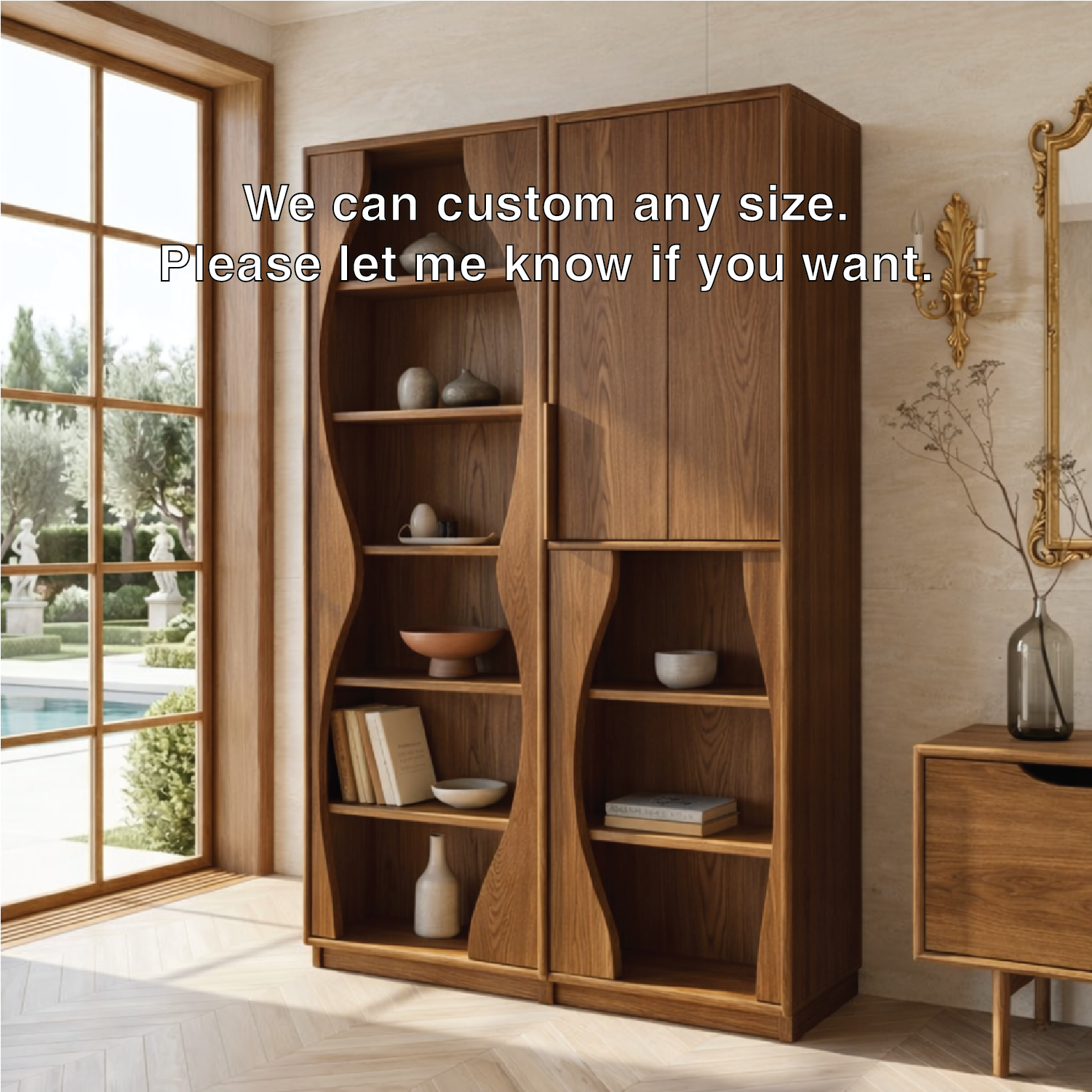 Modern Display Cabinet with Wavy Open Shelves and Tall Concealed Storage
