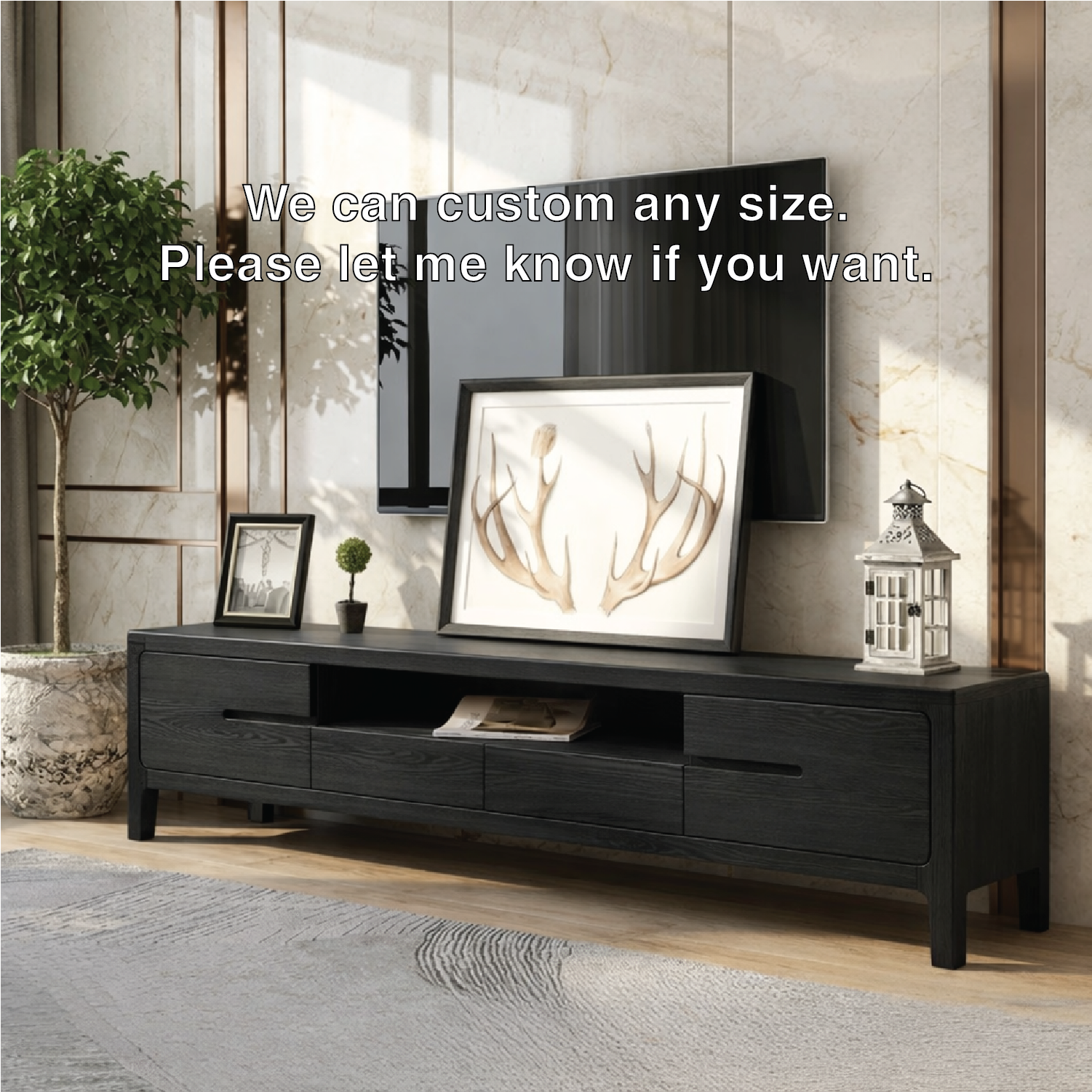Solid Wood TV Stand with Drawers, Modern Low Profile Media Console Cabinet