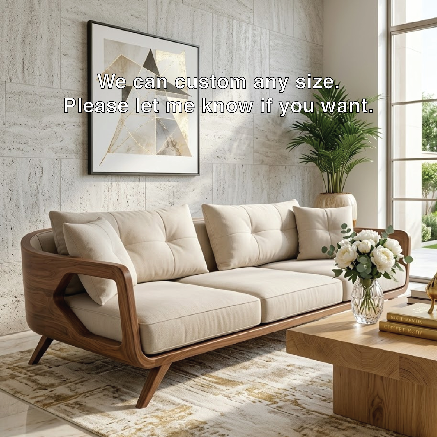 Modern Curved Solid Wood Sofa with Beige Tufted Cushions Luxury Scandi Couch