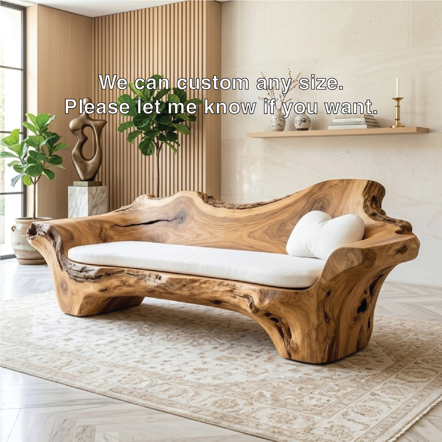 Modern Organic Sculptural Wooden Sofa, Handmade Statement Couch with Cream Cushion