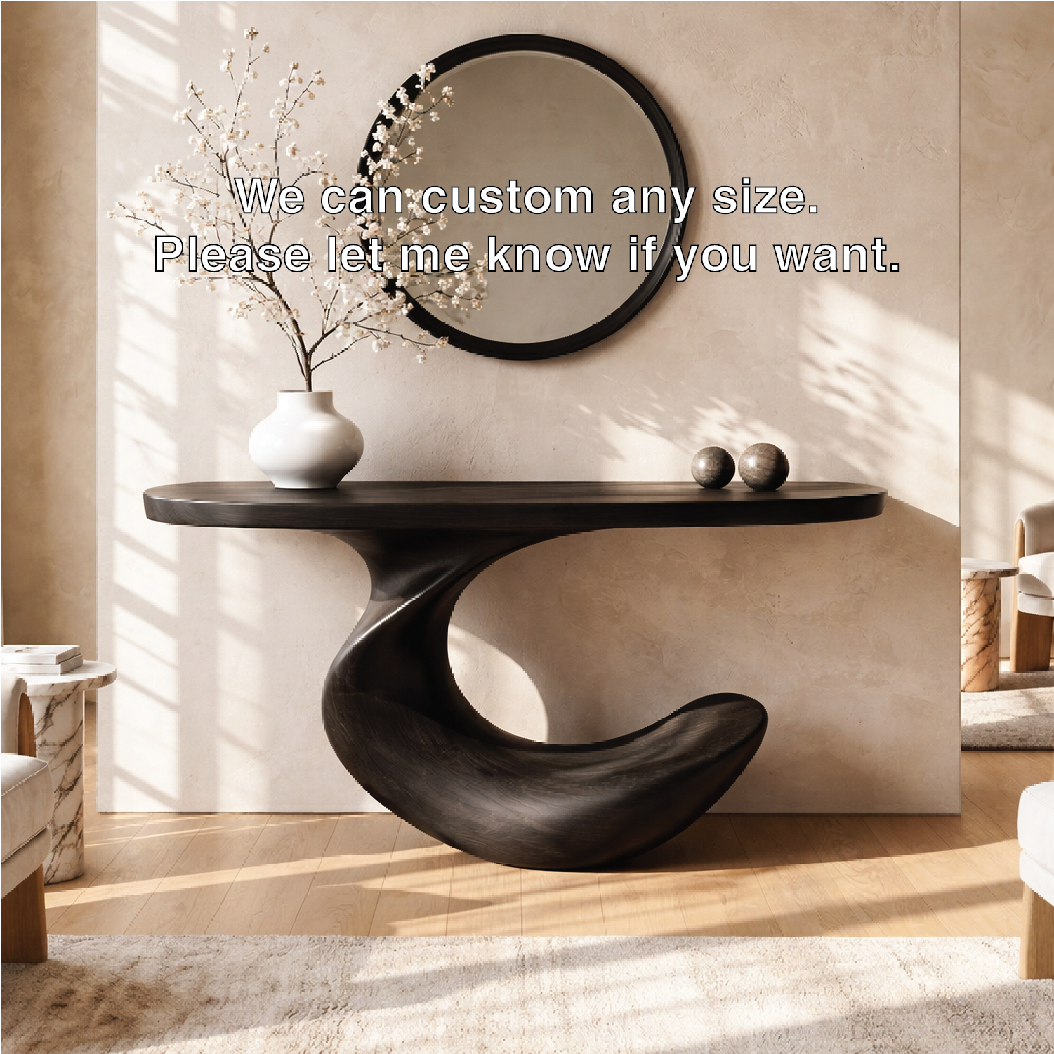 Solid Wood Console Table with Sculpted Curved Base, Modern Minimalist Design