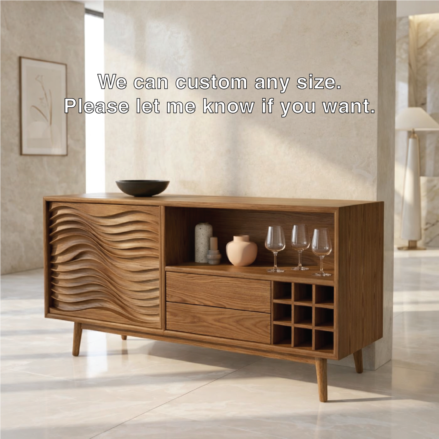 Modern Bar Cabinet Sideboard with Wave Door, Wine Cubby and Open Shelf