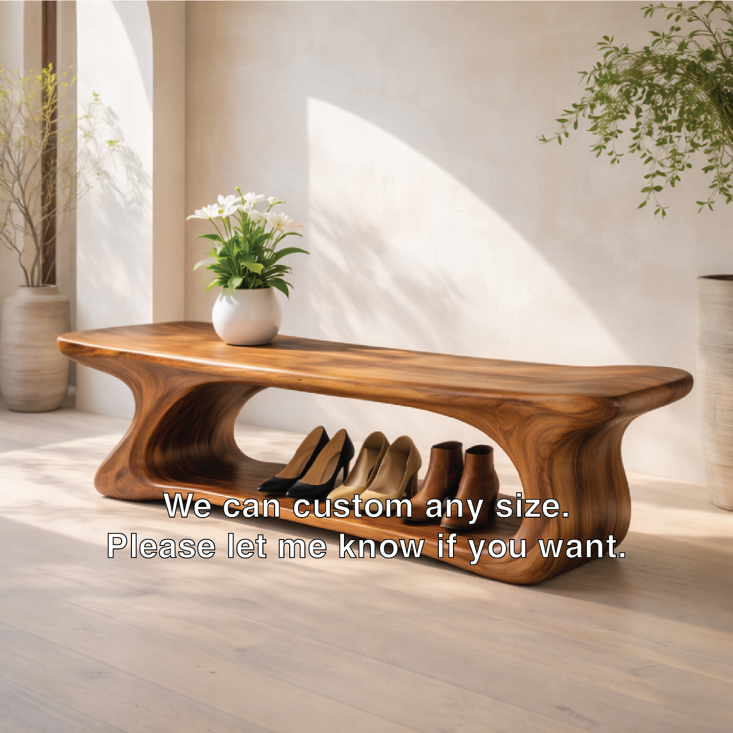 Sculptural Solid Wood Storage Bench, Modern Organic Entryway Shoe Bench