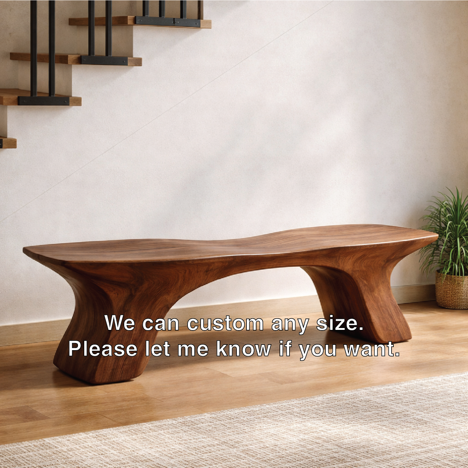 Sculptural Solid Wood Bench, Organic Modern Statement Seating