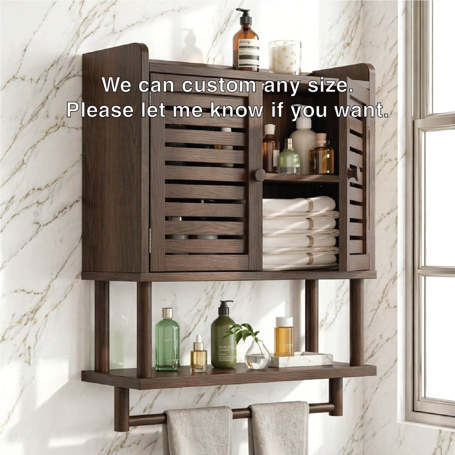Modern Bathroom Cabinet, Slatted Wall-Mounted Vanity Storage Shelf With Towel Bar
