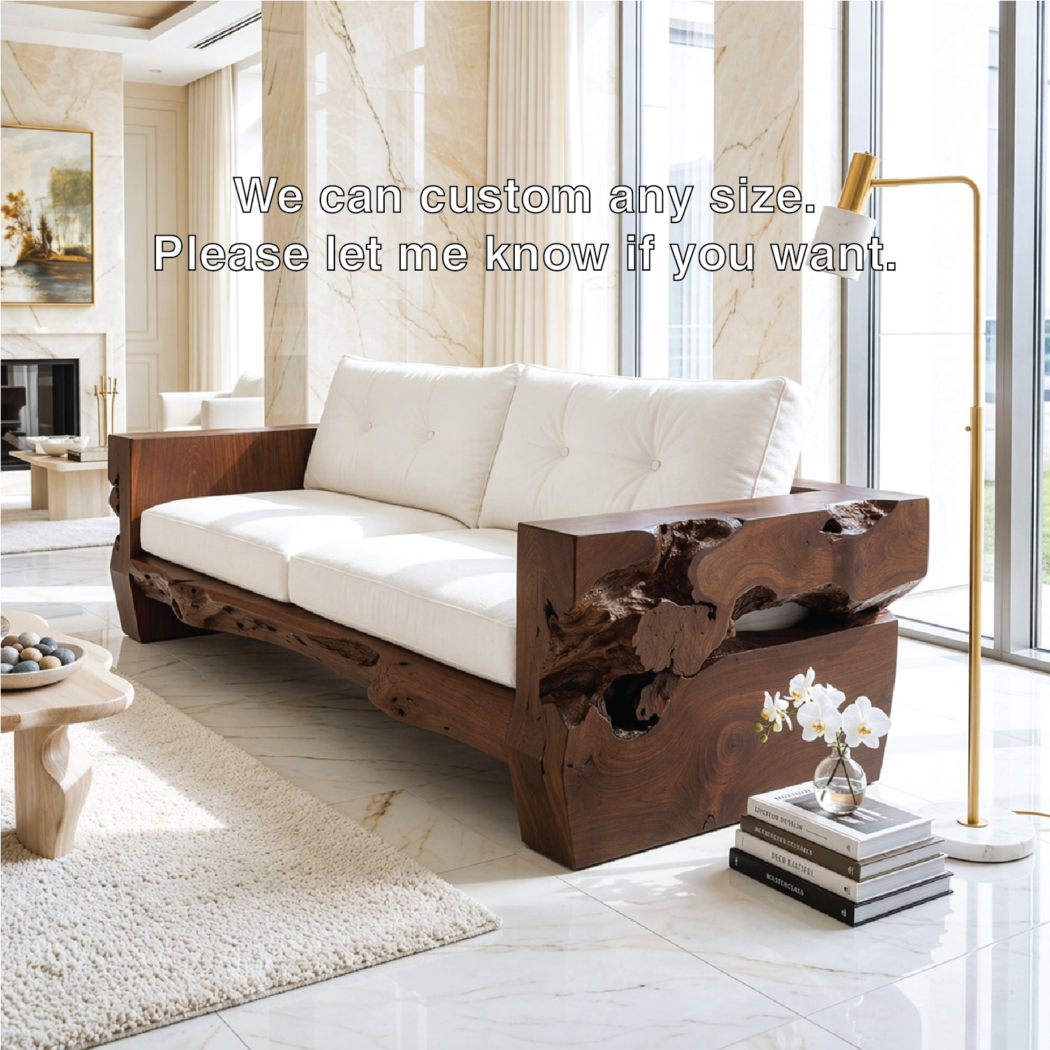 Contemporary Organic Wooden Sofa, Sculptural Luxury Lounge Couch with White Cushions