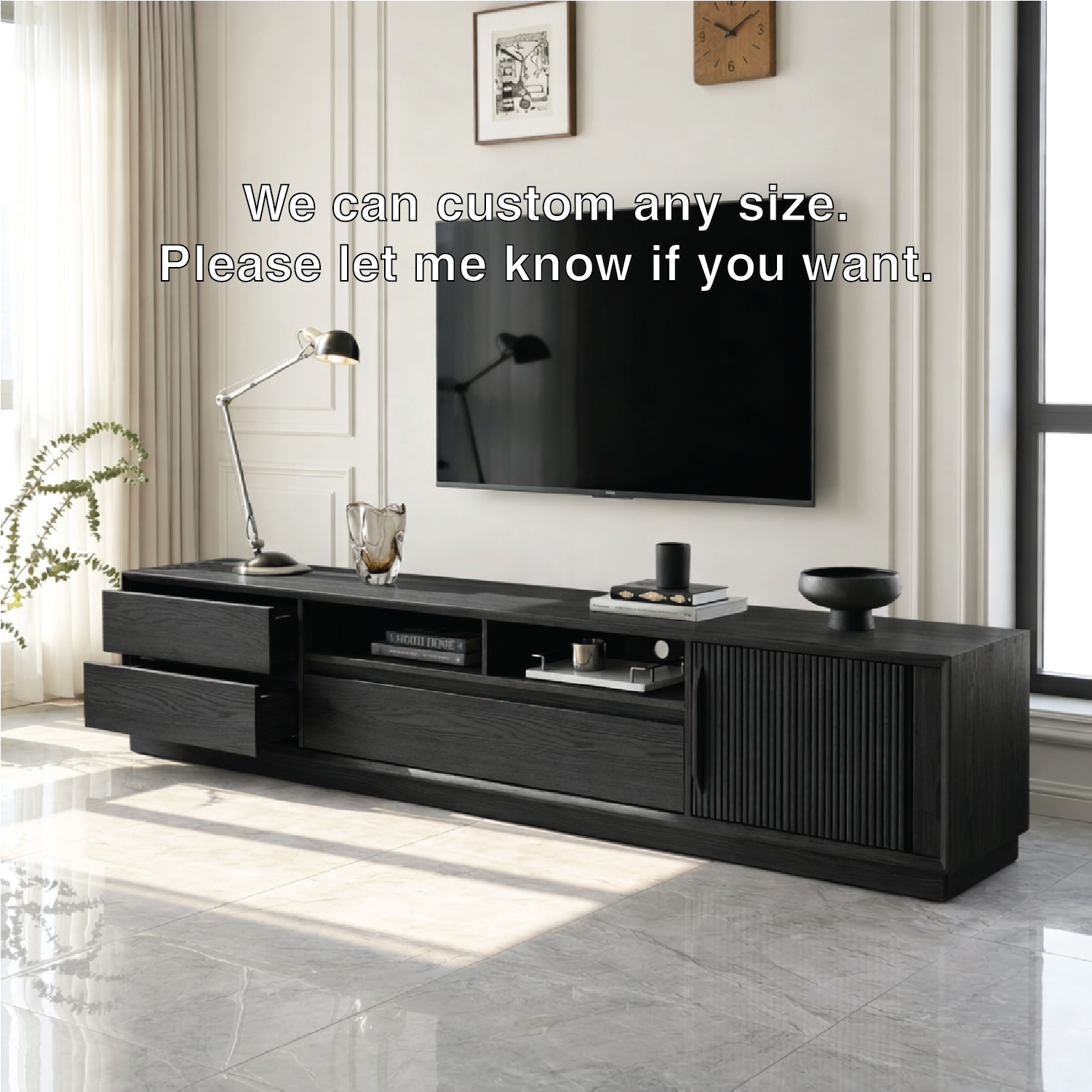 Solid Wood TV Stand with Drawers and Slatted Door, Modern Media Console