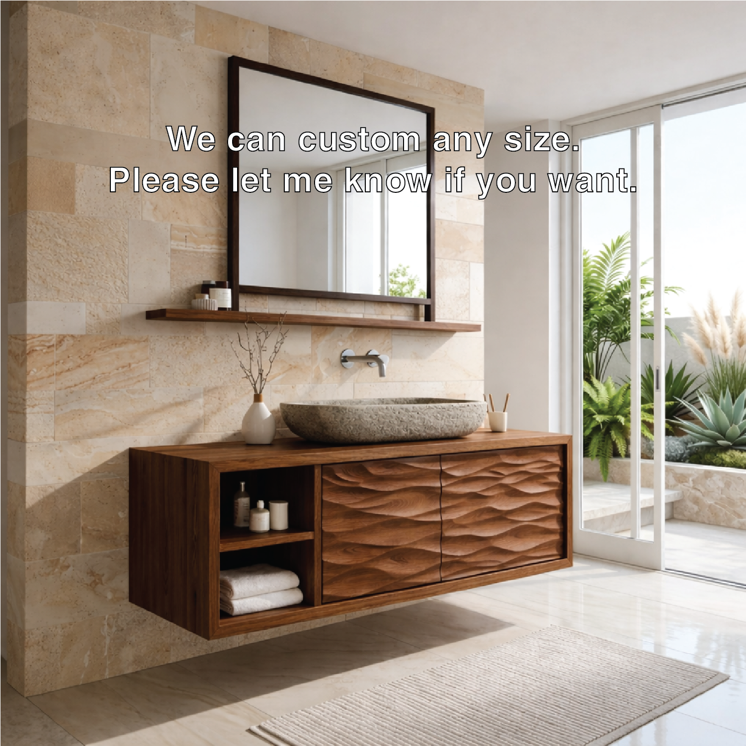 Modern Solid Wood Bathroom Vanity with Floating Storage and Textured Front Doors