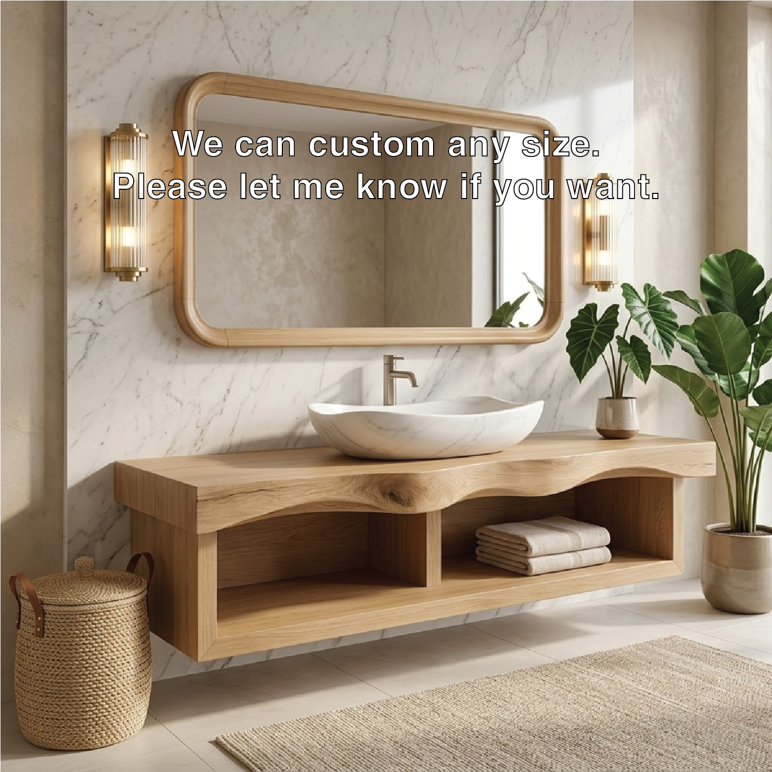 Floating Vanity with Natural Walnut Wood, Unique Curve Design and Open Shelf