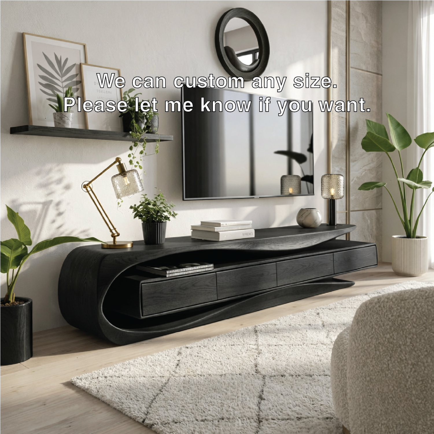 Solid Wood TV Stand with Curved Frame, Modern Low Profile Media Console