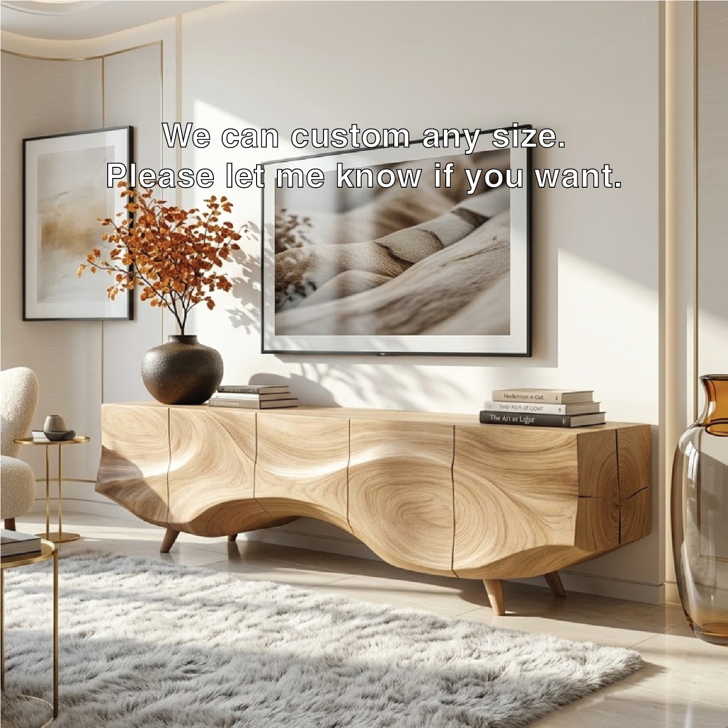 Solid Wood TV Stand, Sculpted-Wave Modern Media Console Cabinet for Living Room