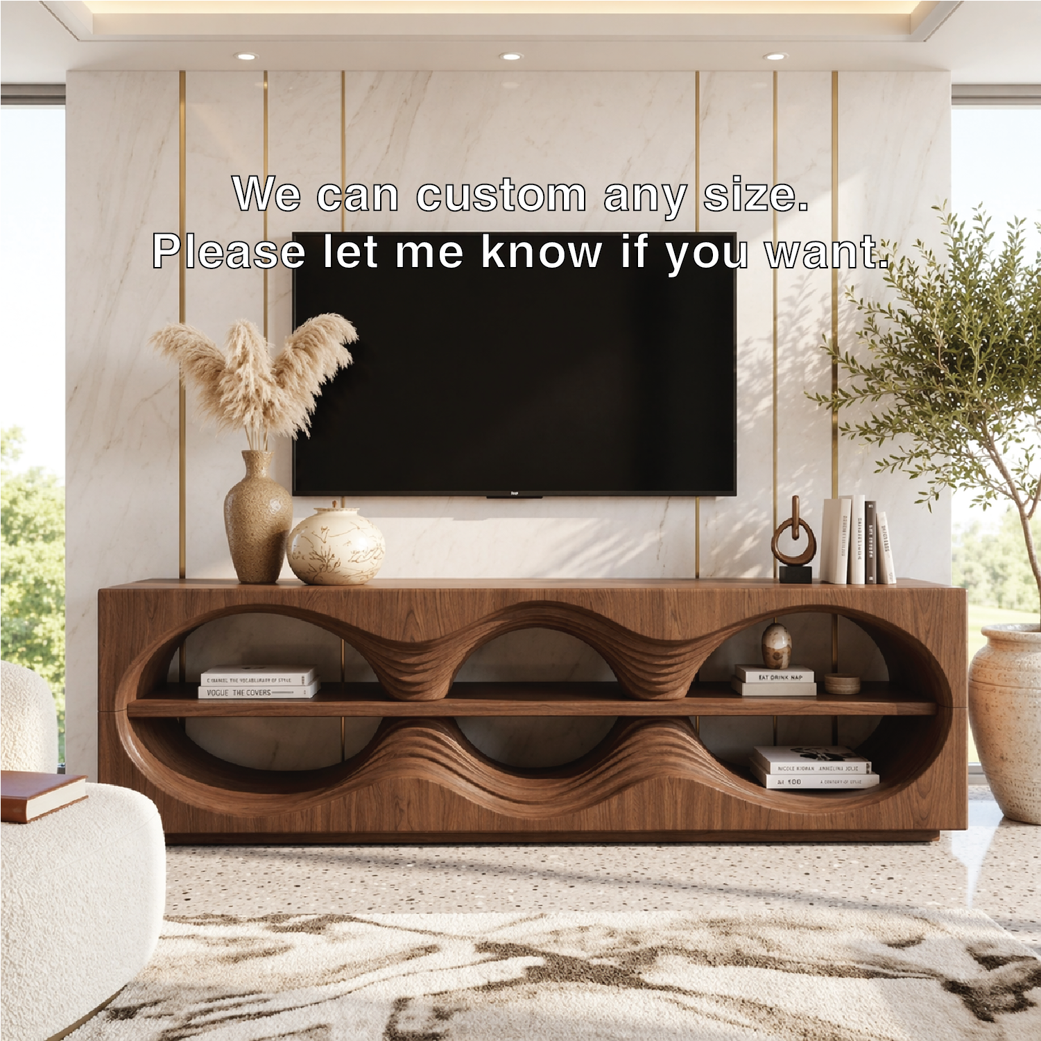 Sculptural Wave TV Console, Modern Entertainment Stand for Elegant Home Interiors