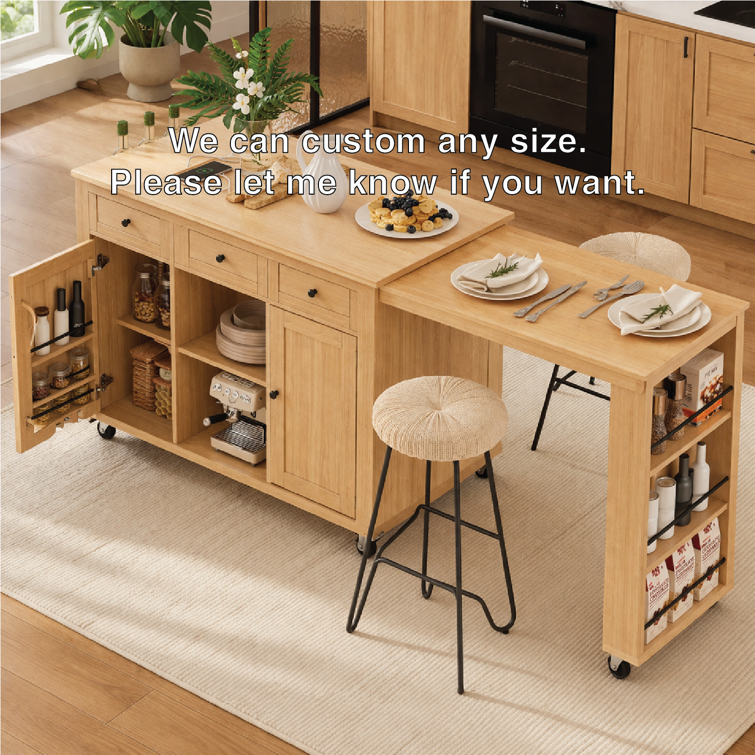 Rolling Kitchen Island with Extendable Dining Table Storage Cabinet and Spice Rack Organizer