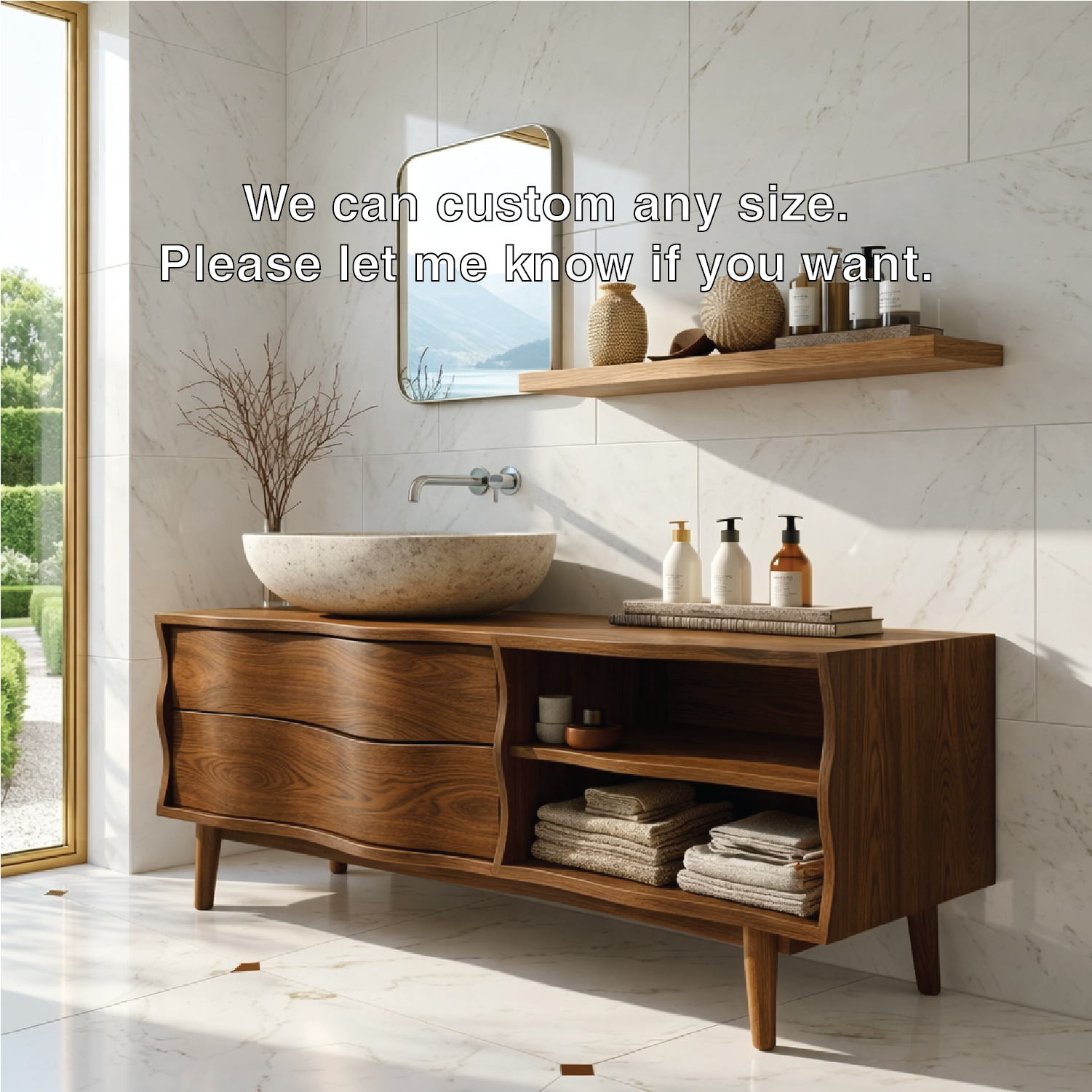Contemporary Solid Wood Freestanding Bathroom Vanity with Sculpted Open Shelving