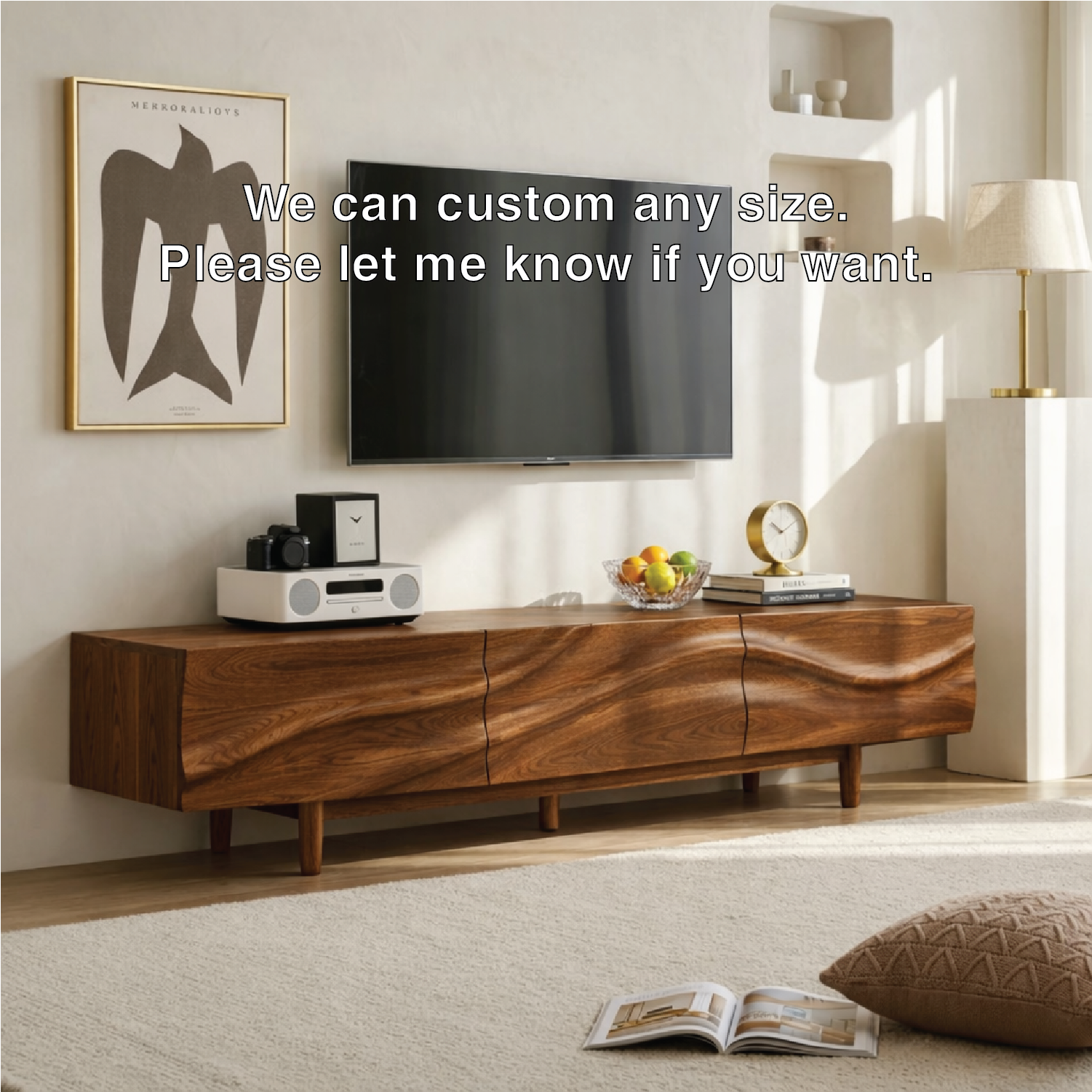 Solid Wood TV Stand with Wave Front, Modern Media Console Cabinet