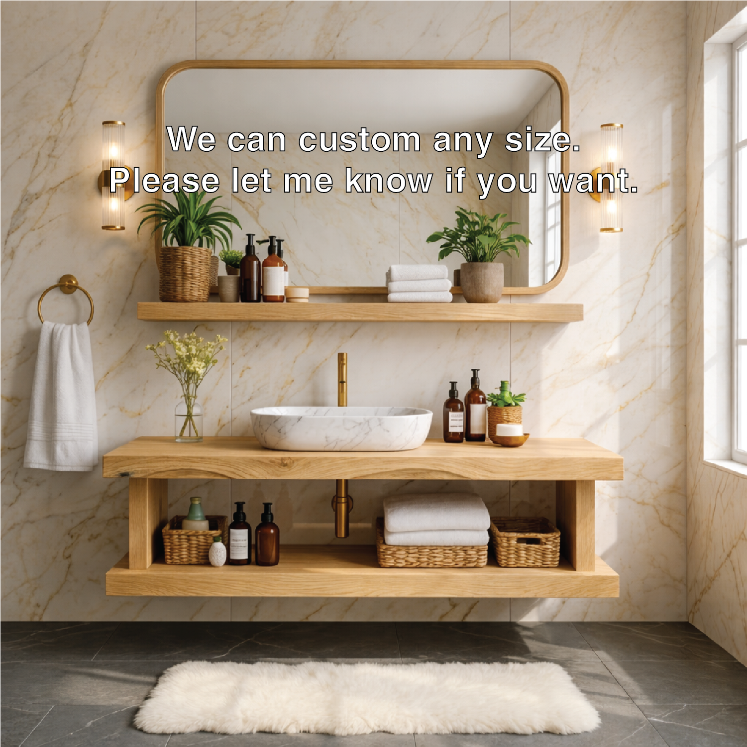 Floating Bathroom Vanity with Natural Wood Shelf Storage and Modern Wall Mounted Design