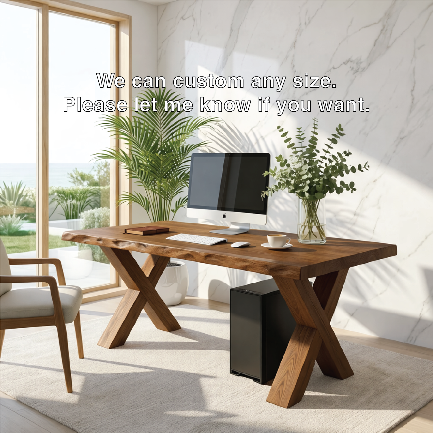 Live Edge X-Leg Desk Solid Wood Office Desk Modern Writing Desk Natural Wood Workspace