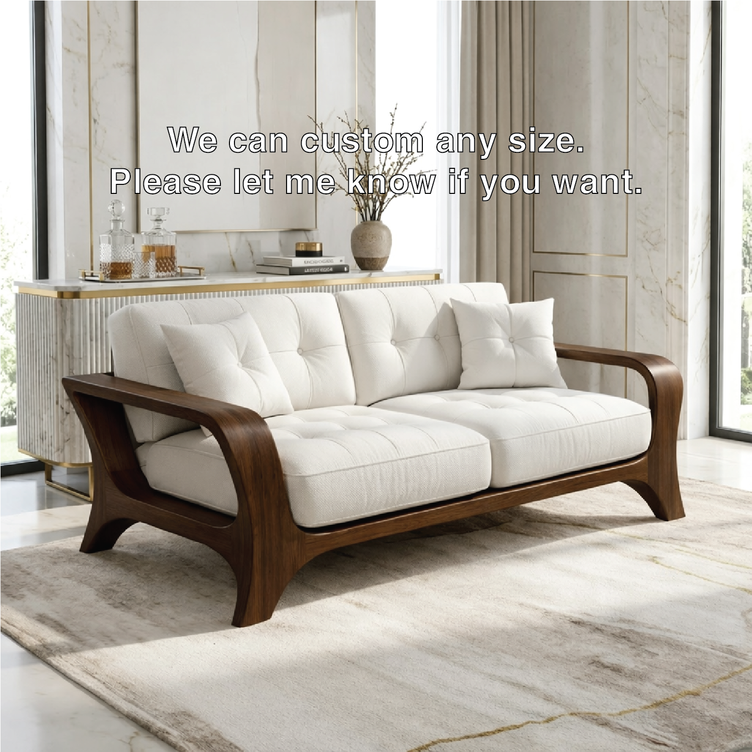 Luxury Curved Solid Wood Sofa with White Tufted Cushions Modern Designer Couch