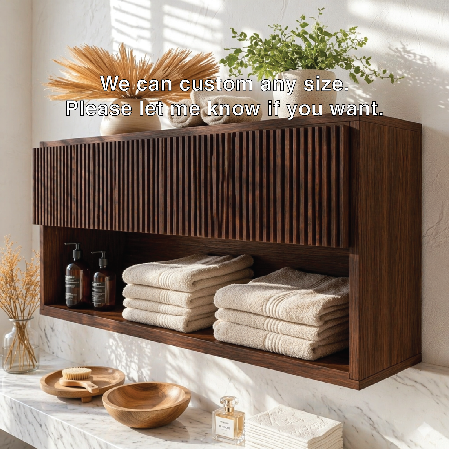 Floating Bathroom Cabinet, Modern Slatted Wall Mounted Vanity Storage Shelf Organizer