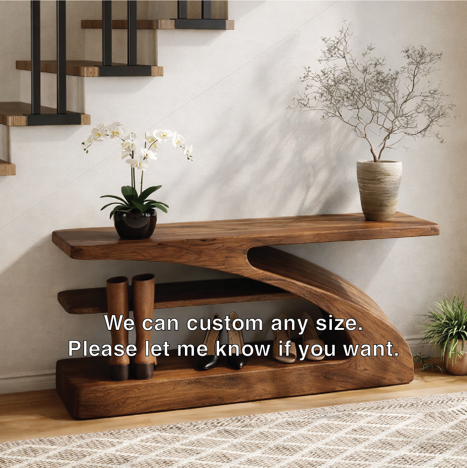 Modern Sculptural Solid Wood Entryway Bench with Shoe Storage