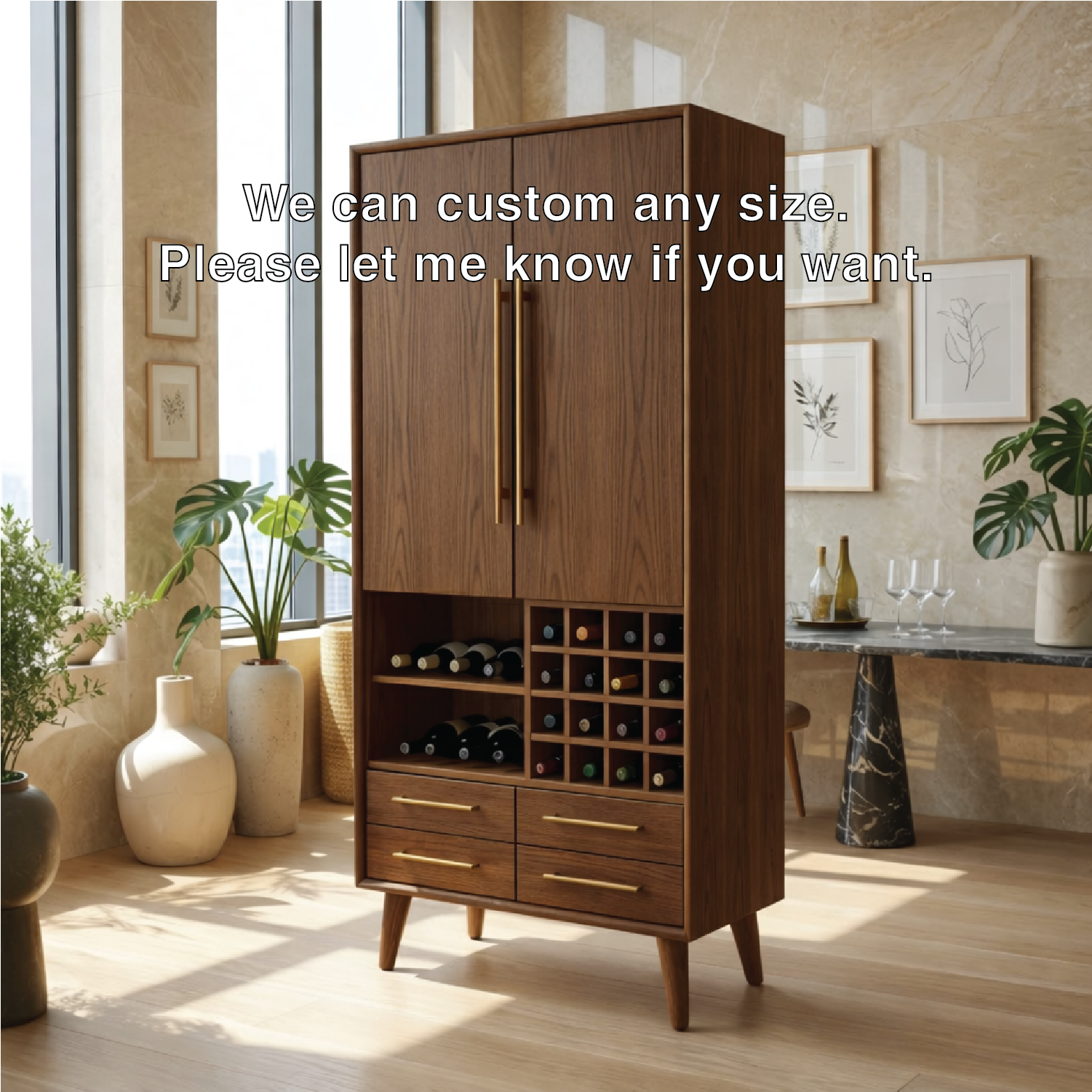 Modern Wine Cabinet with Bottle Rack, Drawers and Tall Concealed Bar Storage