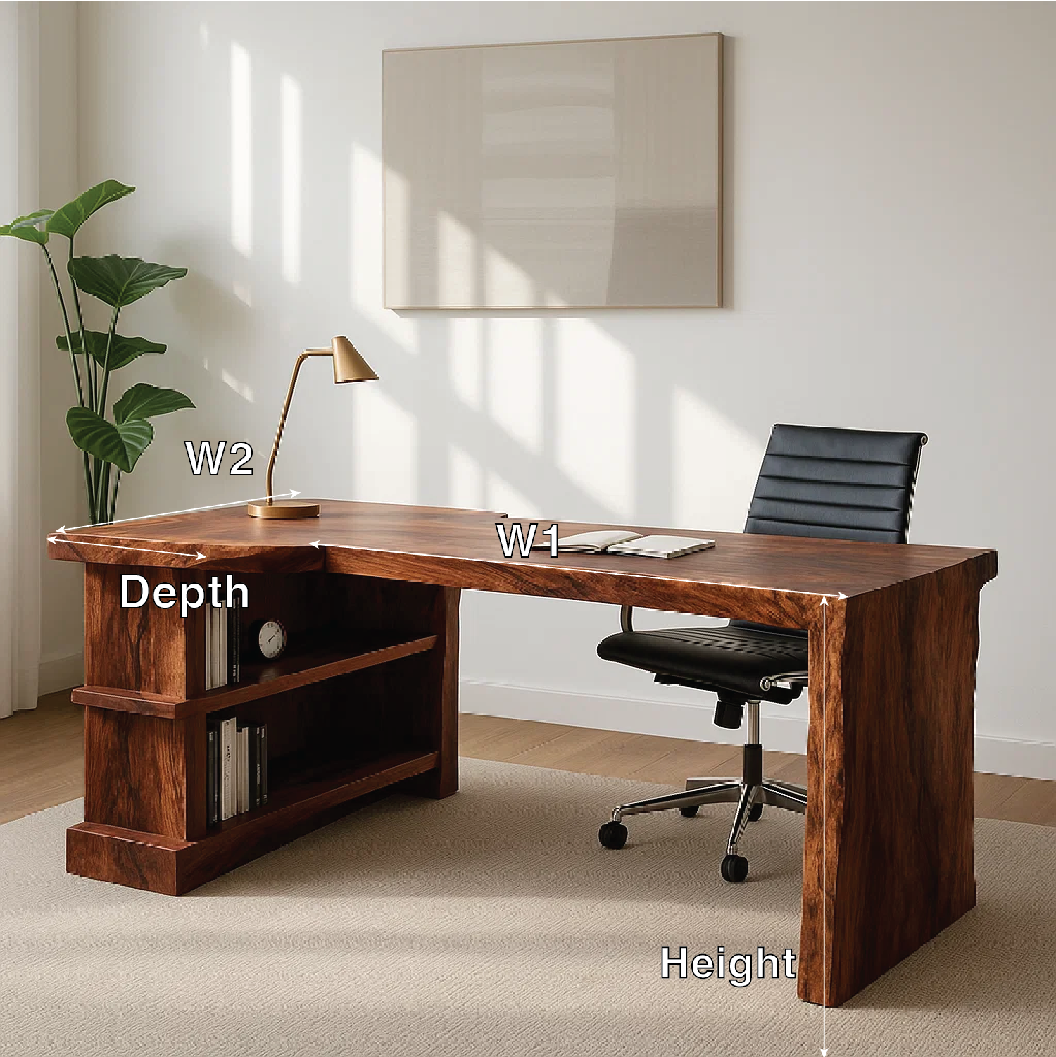 Modern L-Shaped Walnut Desk with Open Shelf – Sculptural Corner Workspace