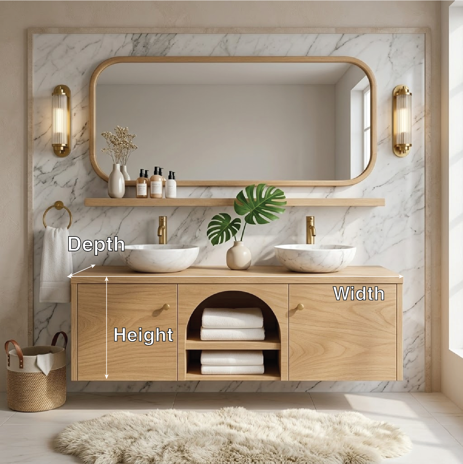 Double Sink Floating Vanity with Wooden Base and Elegant Gold Fixtures