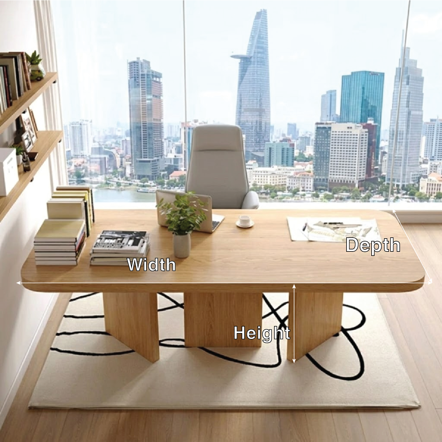 Modern Executive Desk with Rounded Corners, Large Minimalist Office Writing Table
