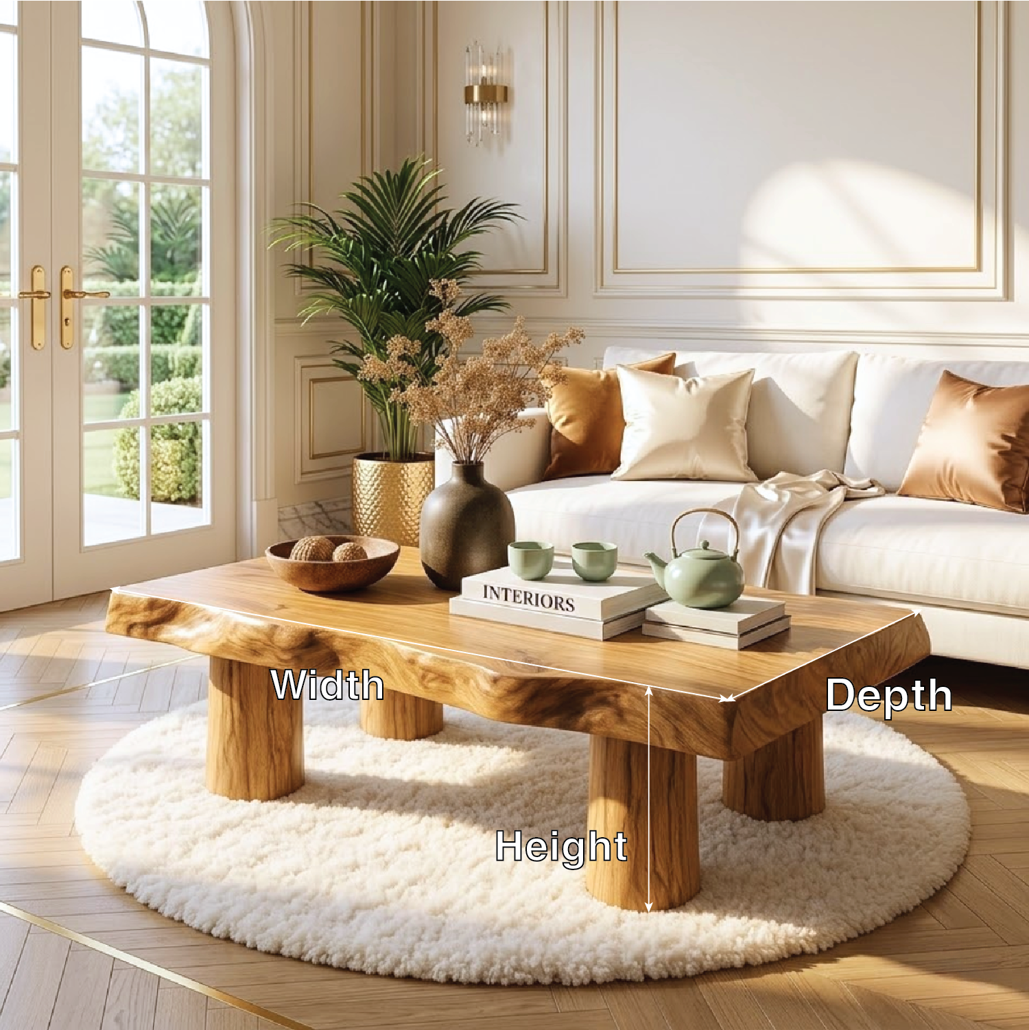 Handcrafted Wooden Coffee Table with Thick Pillar Legs and Natural Finish